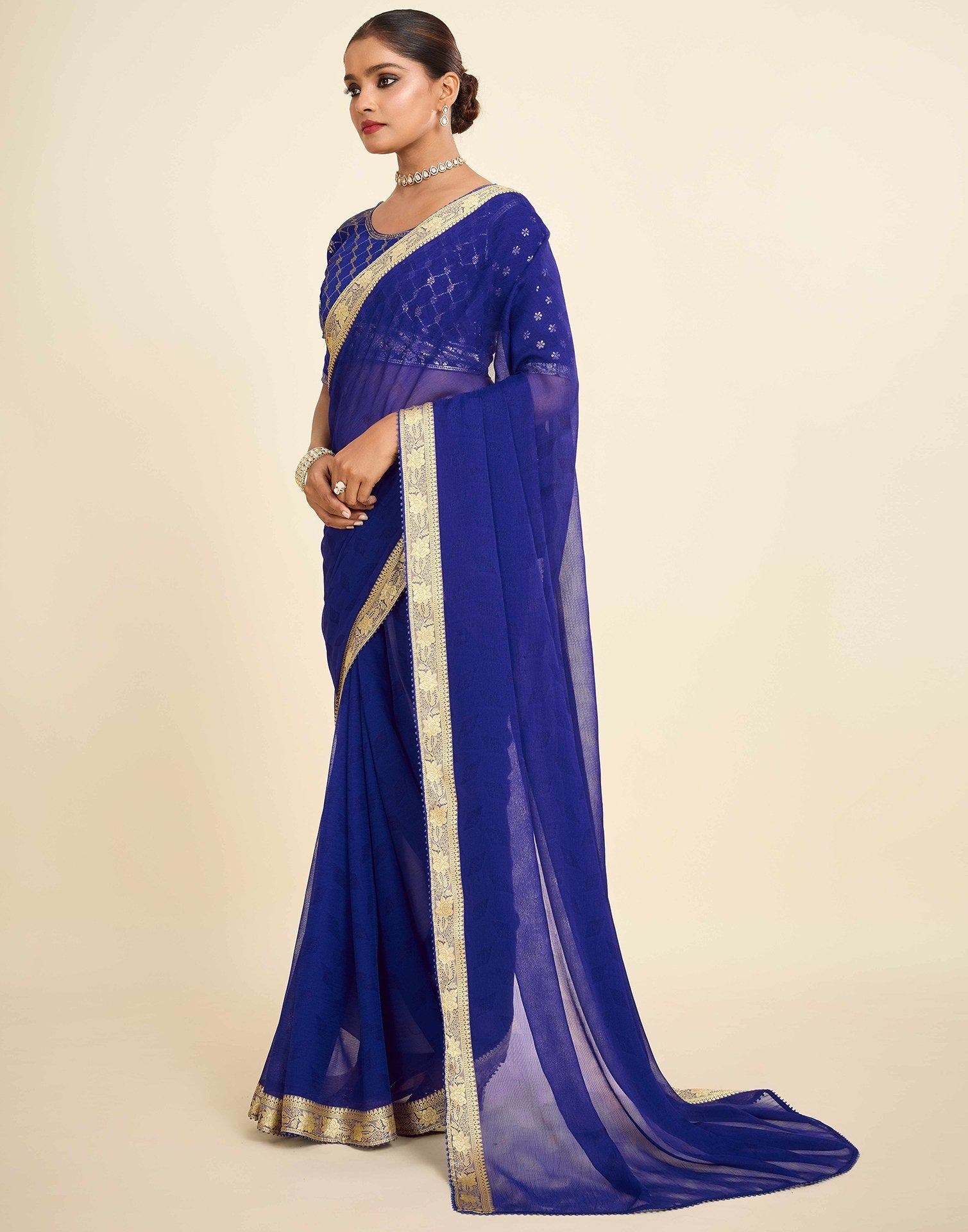 Blue Chiffon Lace Saree
