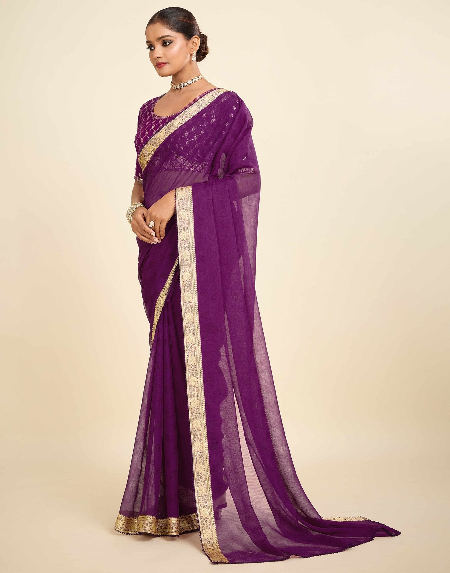Purple Chiffon Lace Saree