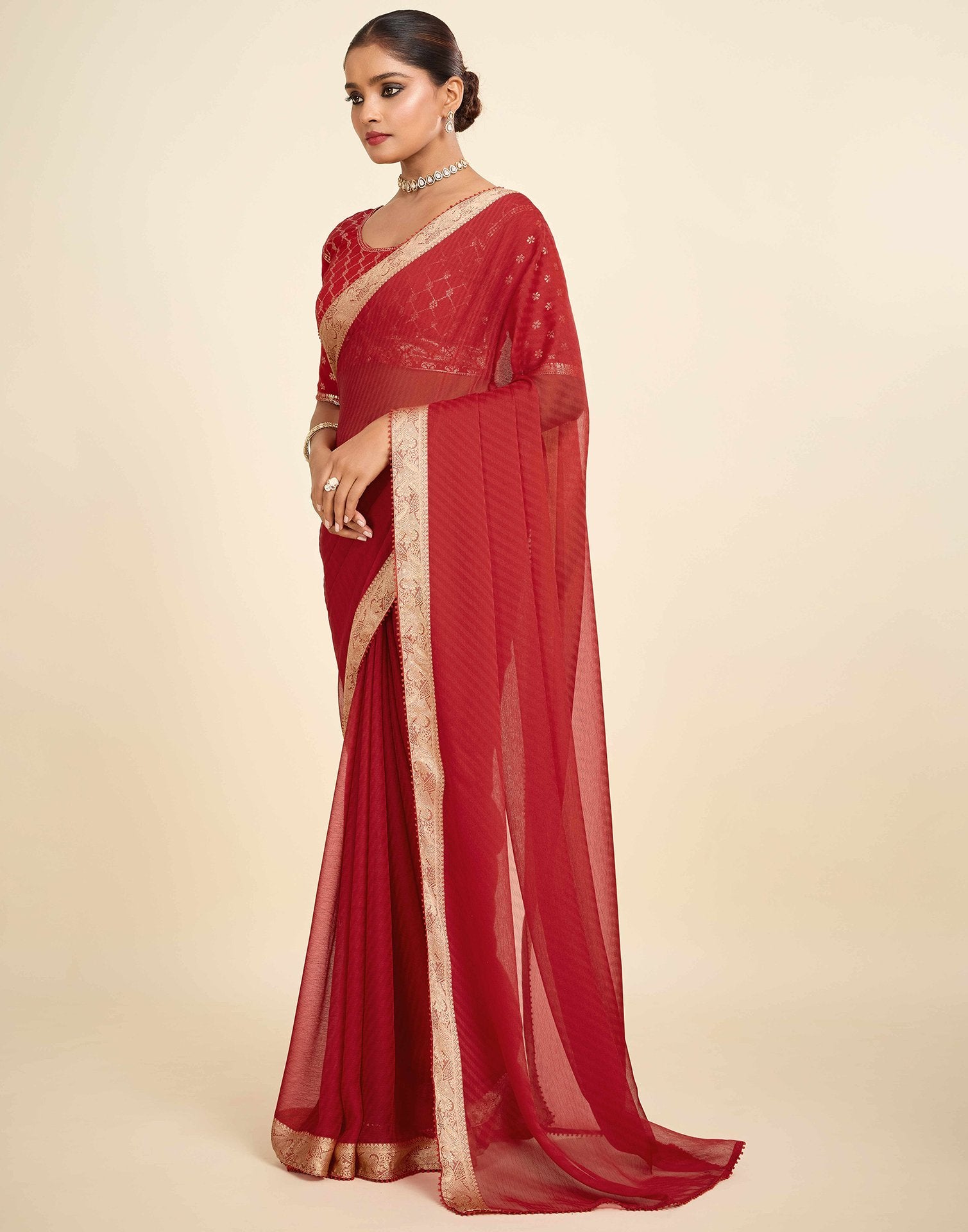 Red Chiffon Lace Saree