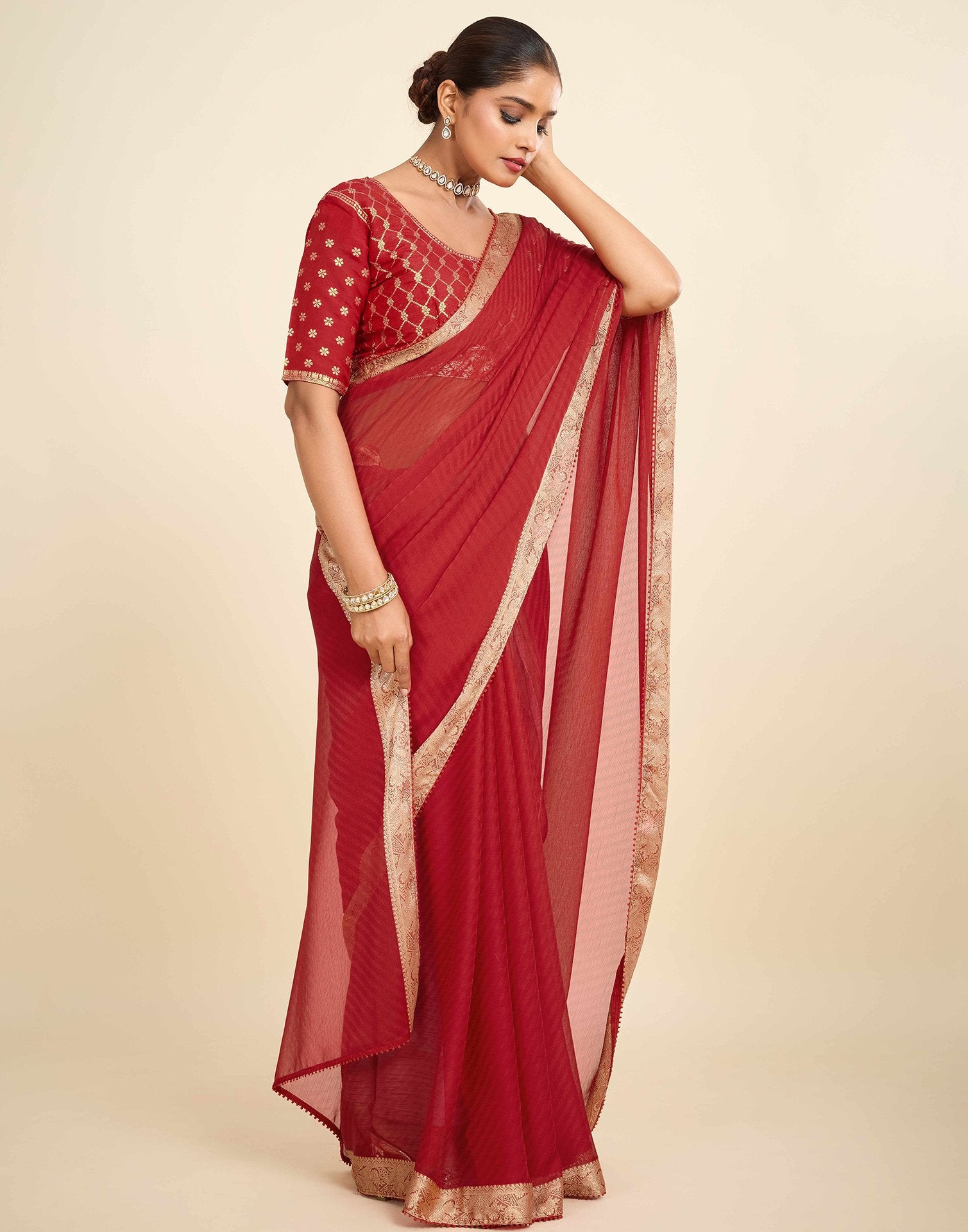 Red Chiffon Lace Saree