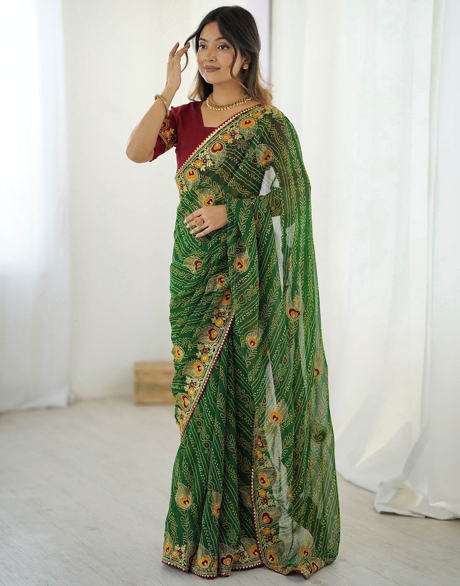 Green Georgette Lace Bandhani Saree