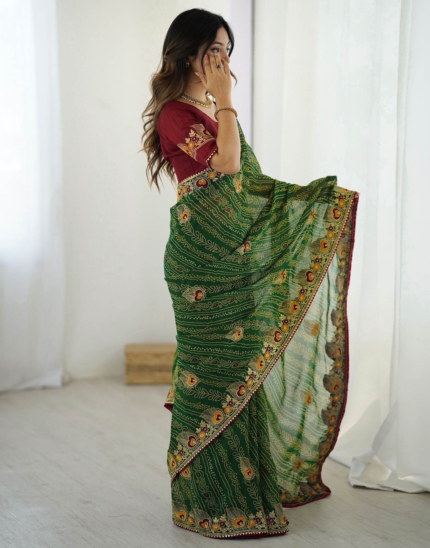 Green Georgette Lace Bandhani Saree