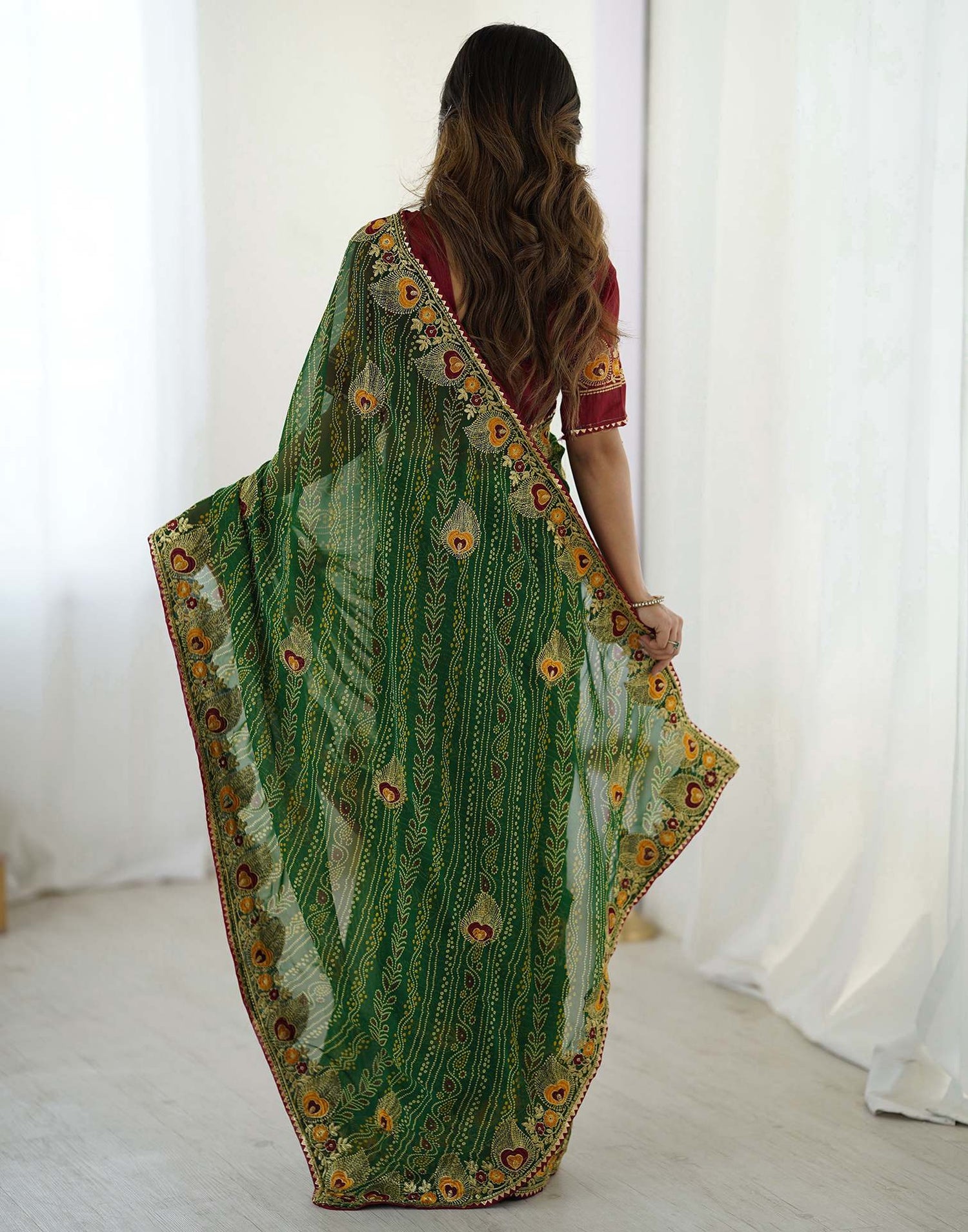 Green Georgette Lace Bandhani Saree