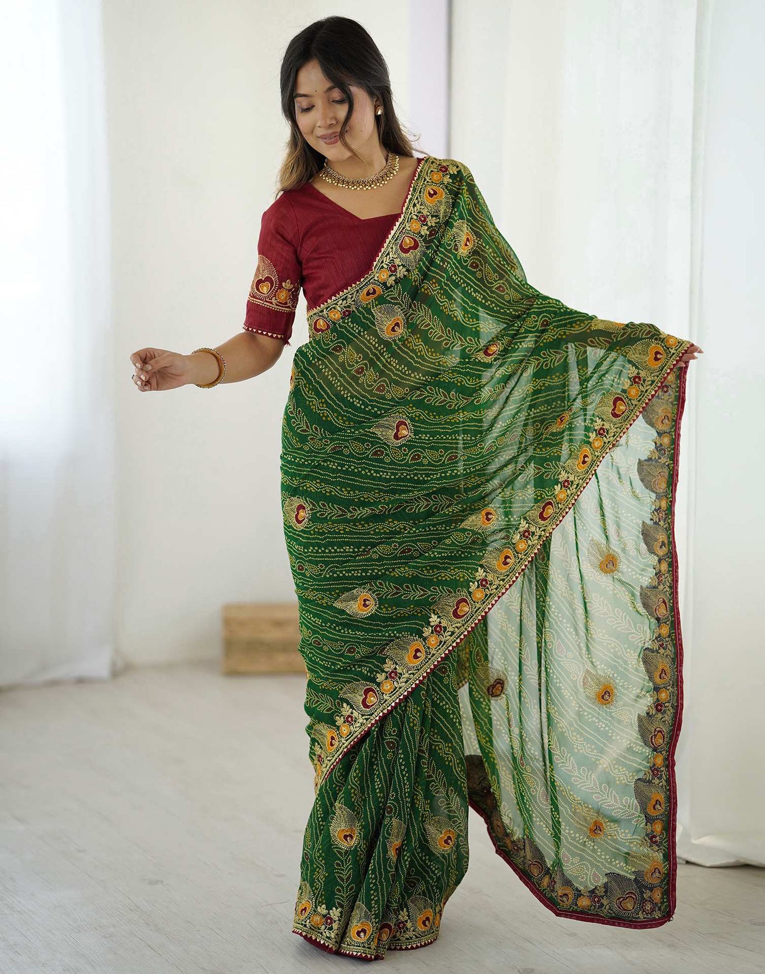 Green Georgette Lace Bandhani Saree