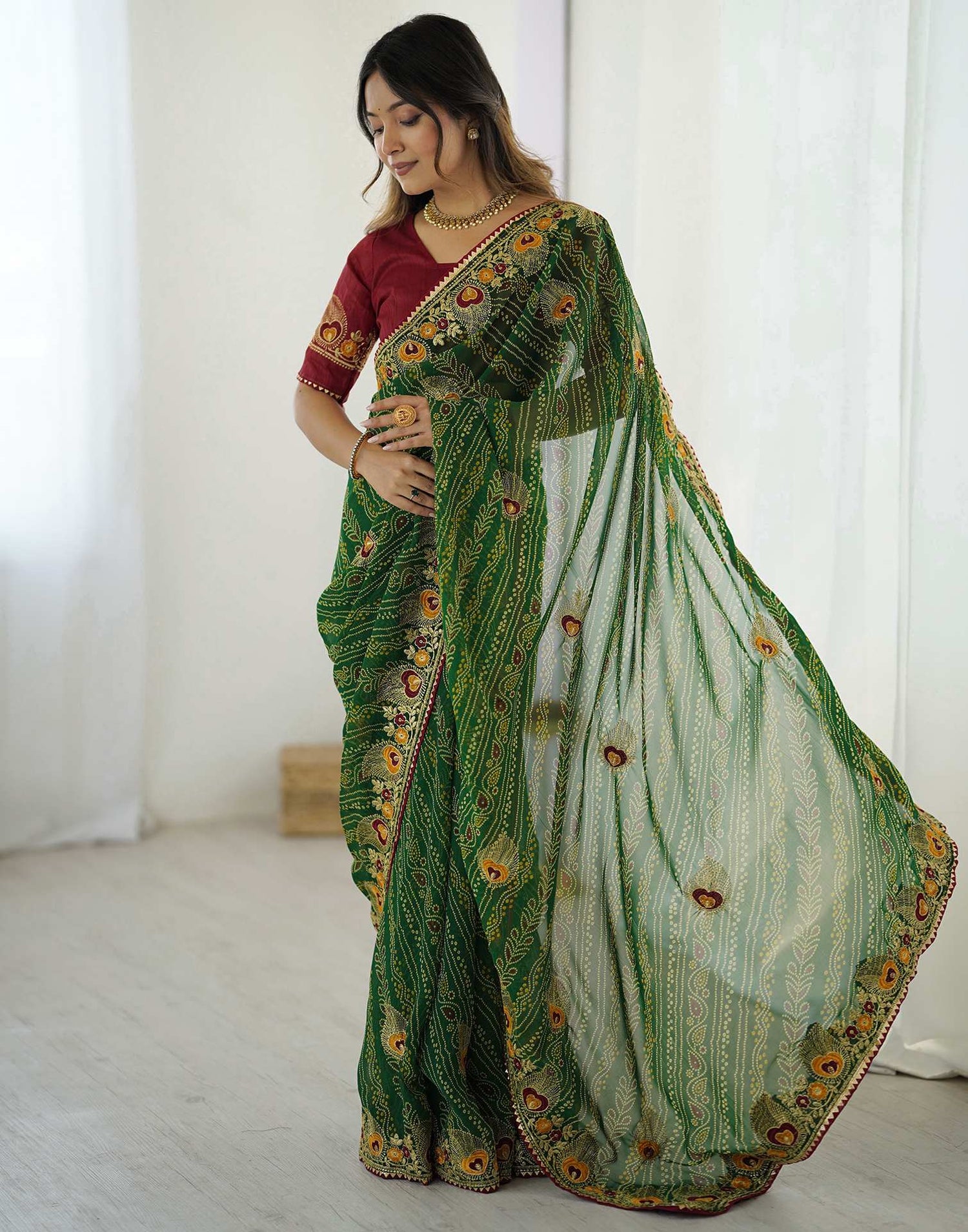 Green Georgette Lace Bandhani Saree