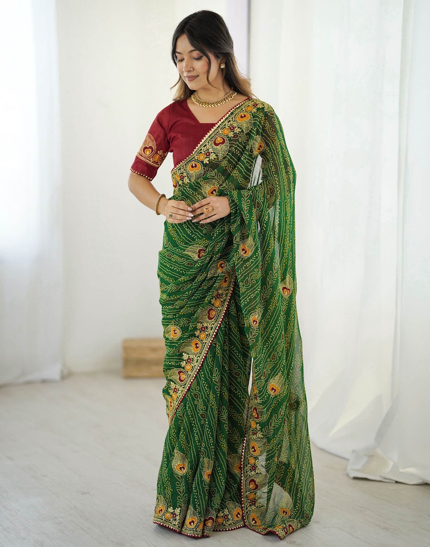 Green Georgette Lace Bandhani Saree
