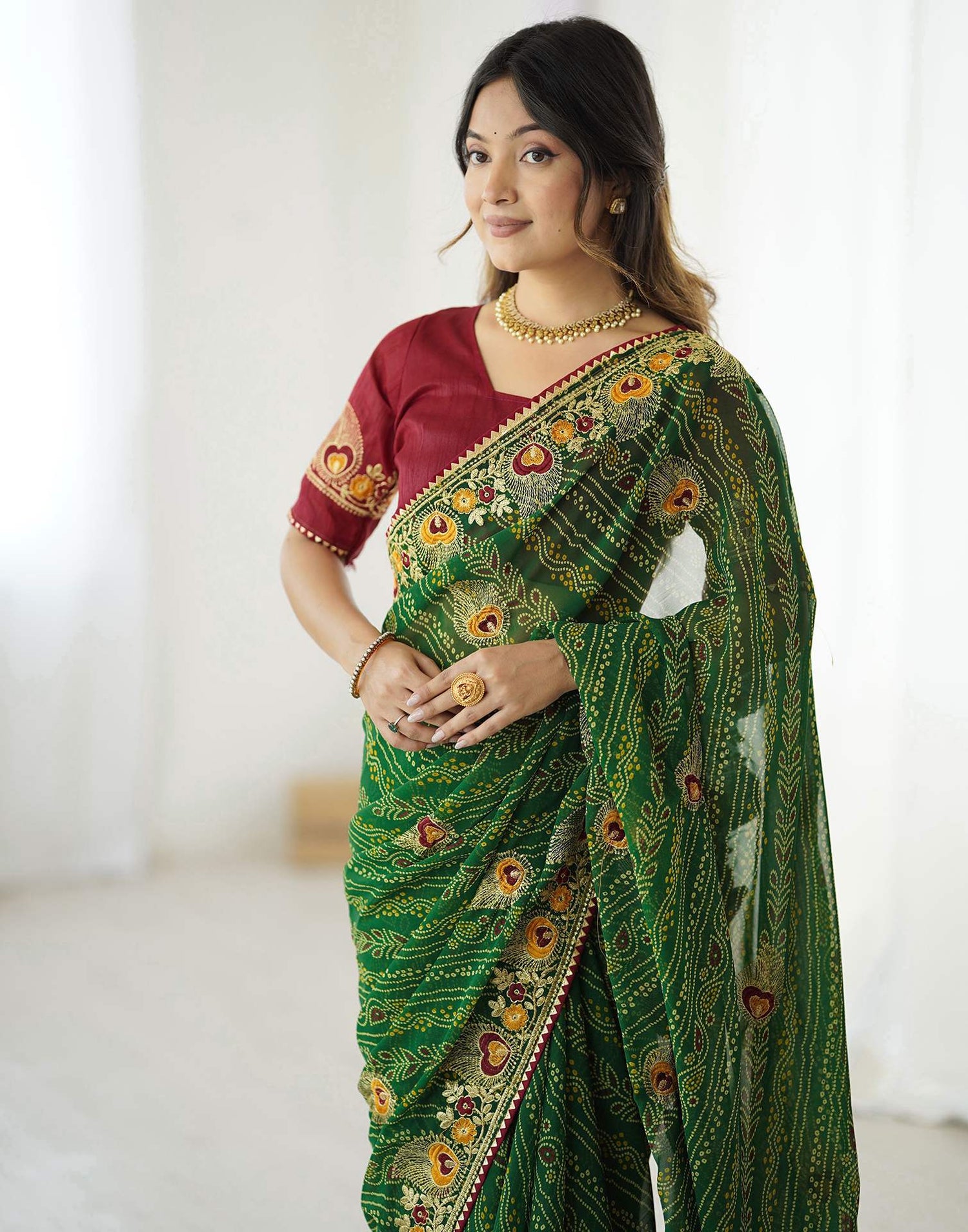 Green Georgette Lace Bandhani Saree