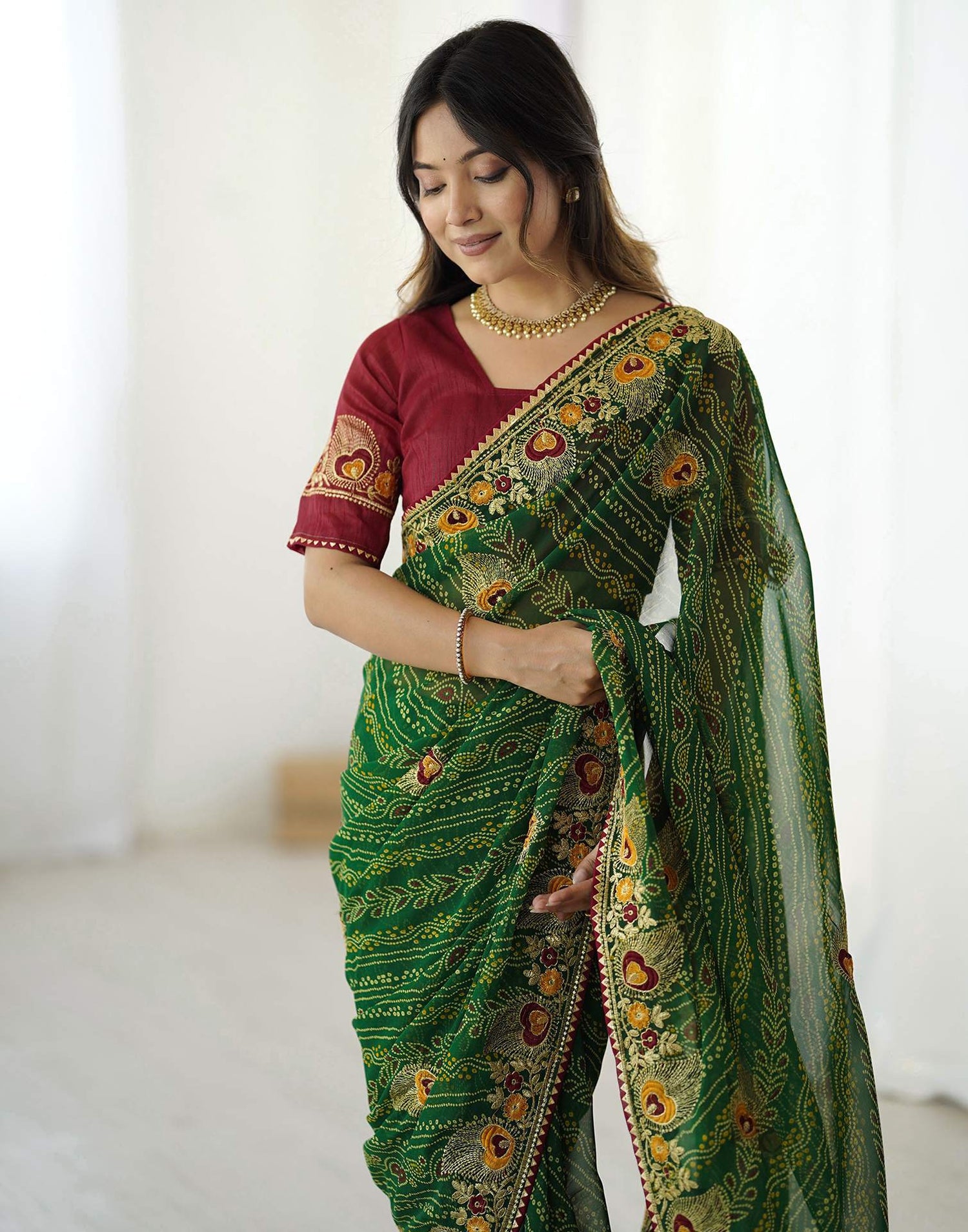 Green Georgette Lace Bandhani Saree