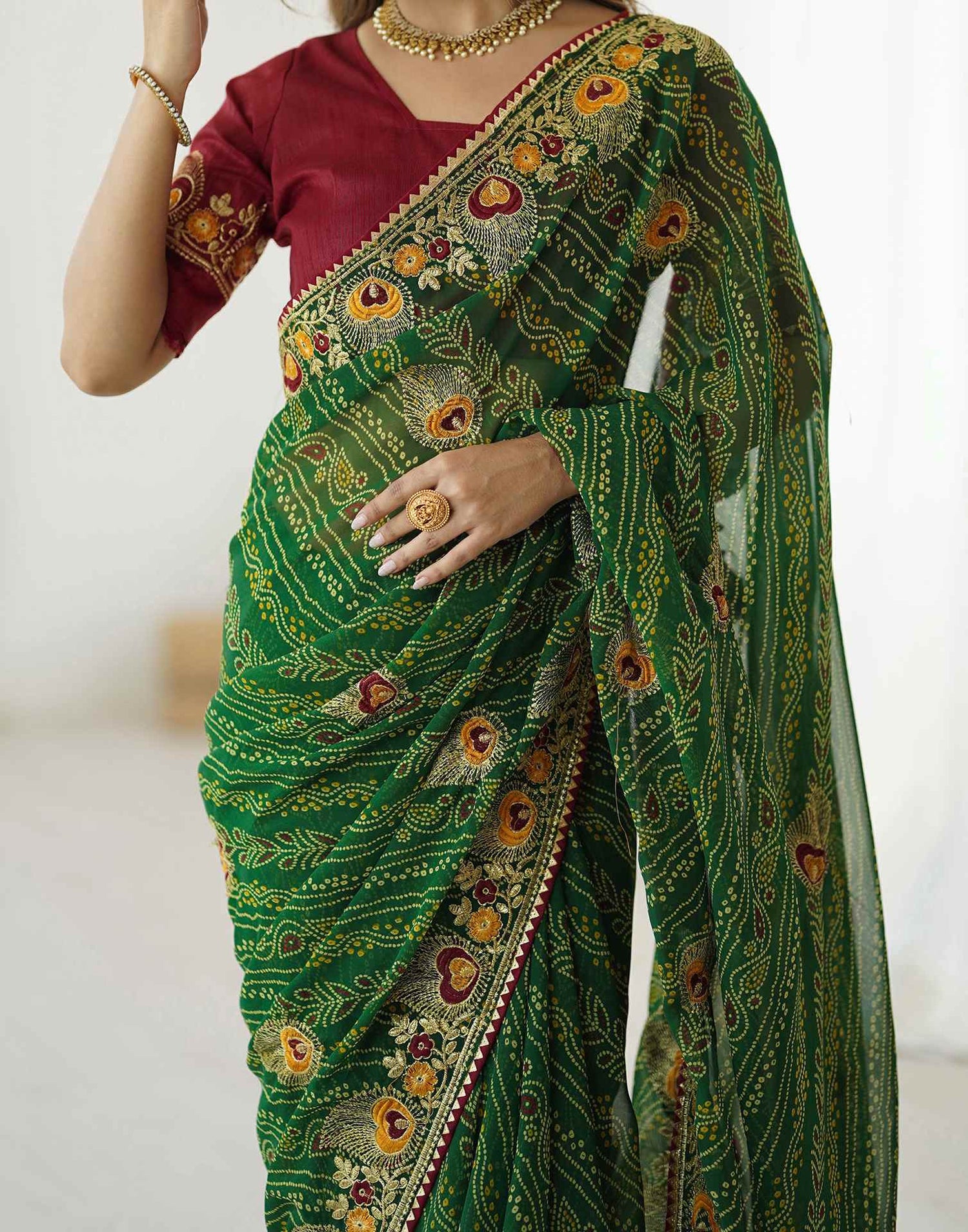 Green Georgette Lace Bandhani Saree