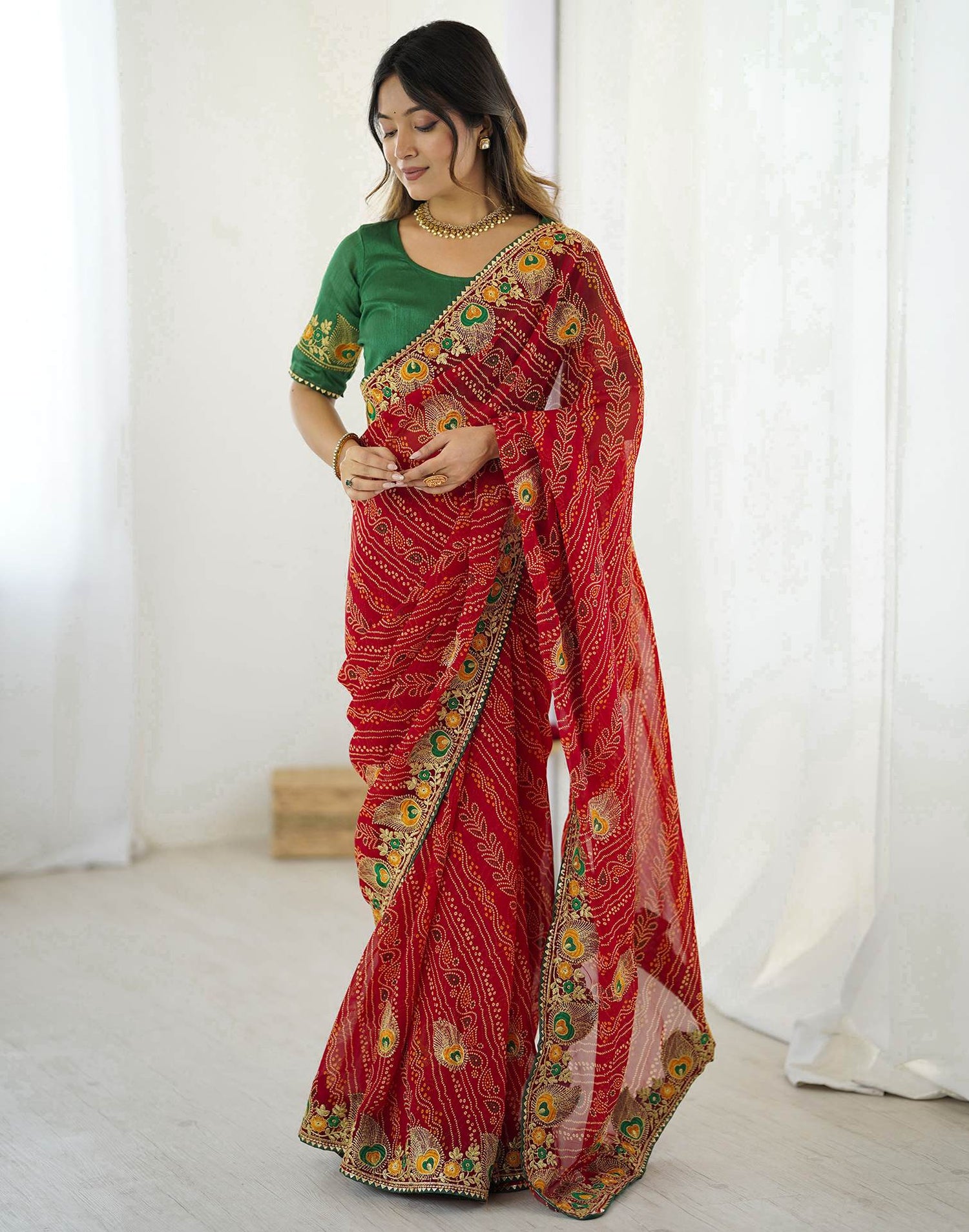 Red Georgette Lace Bandhani Saree