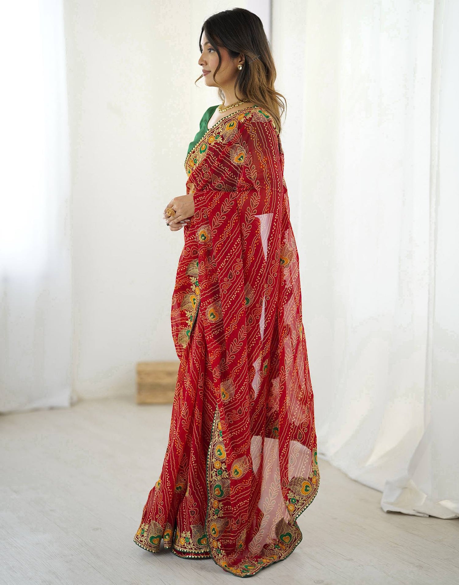 Red Georgette Lace Bandhani Saree