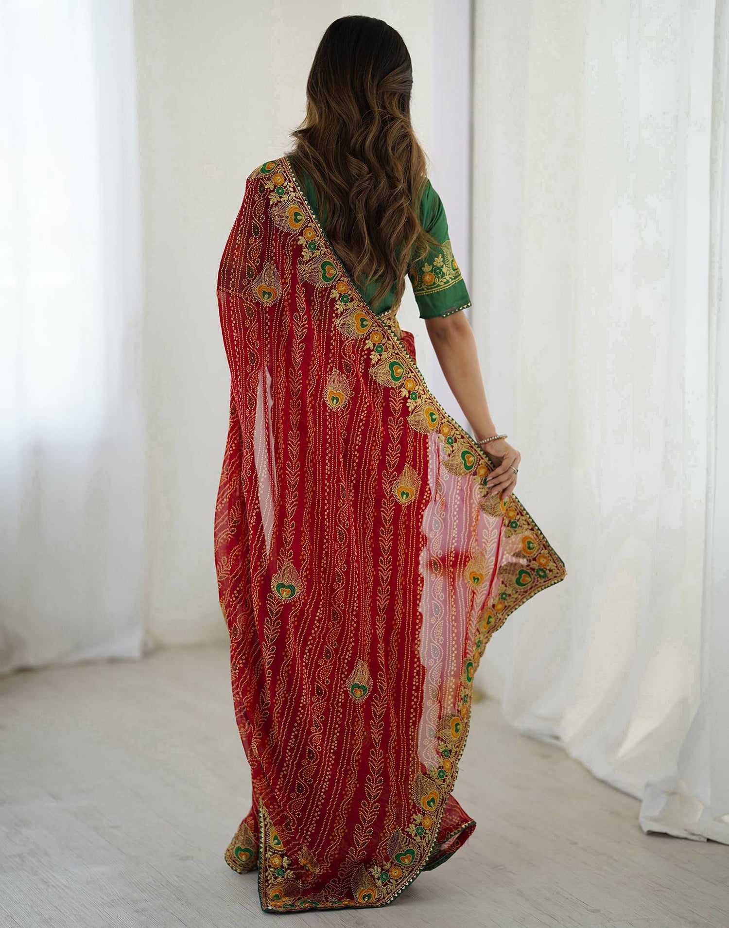 Red Georgette Lace Bandhani Saree