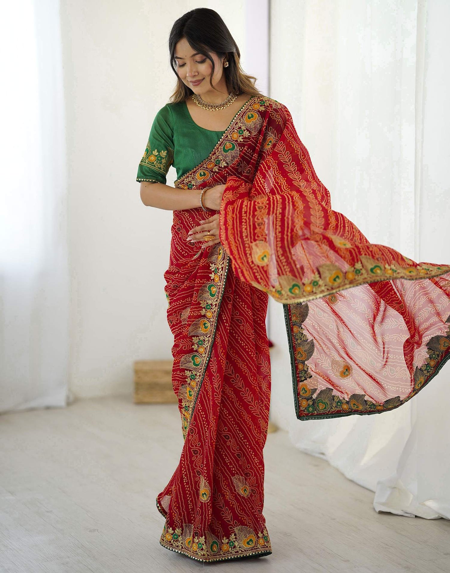 Red Georgette Lace Bandhani Saree