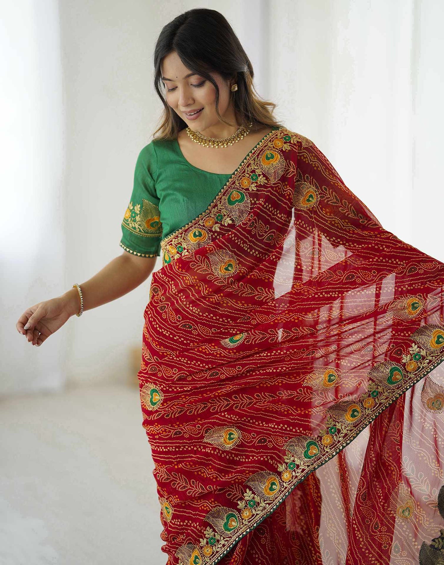 Red Georgette Lace Bandhani Saree