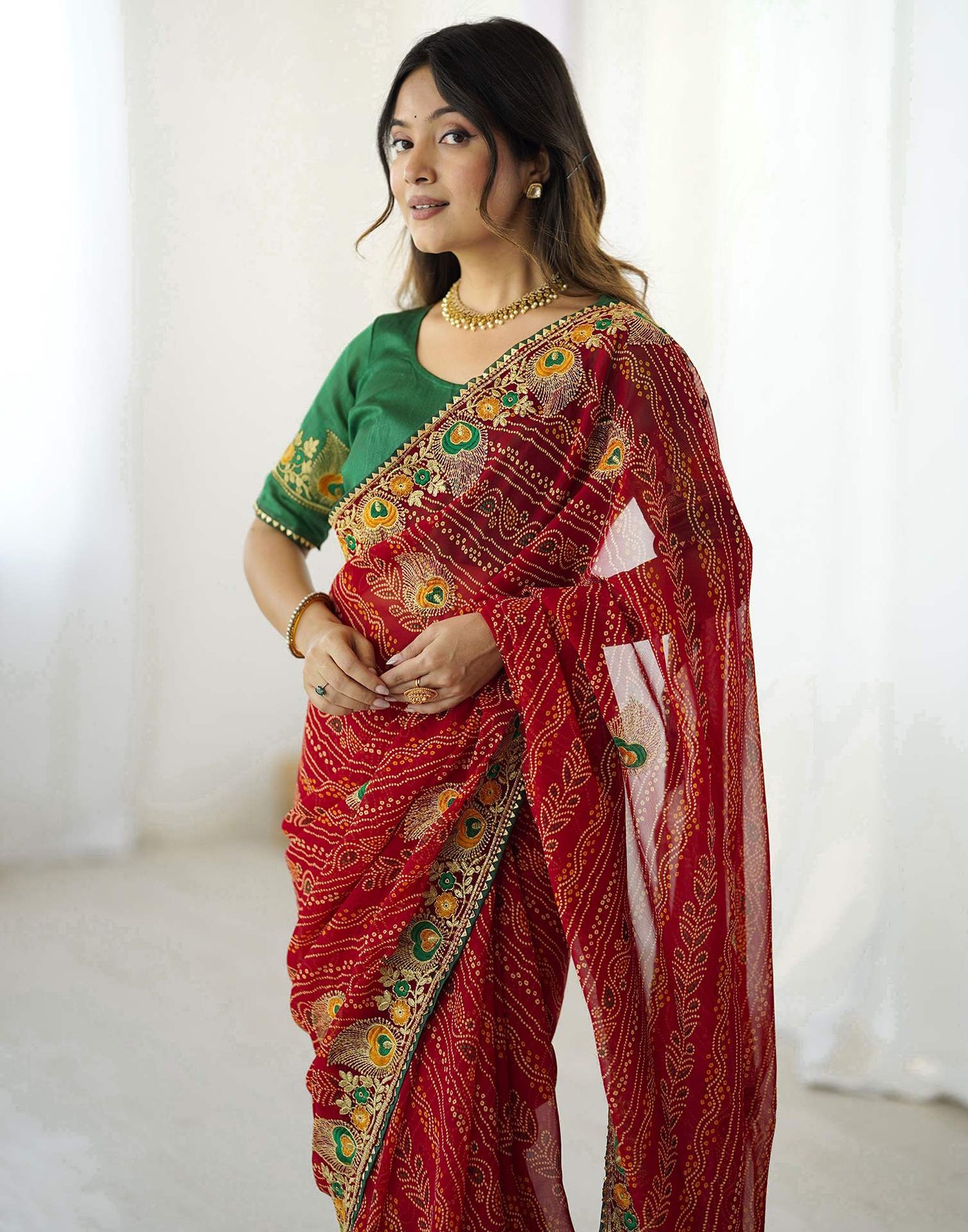 Red Georgette Lace Bandhani Saree