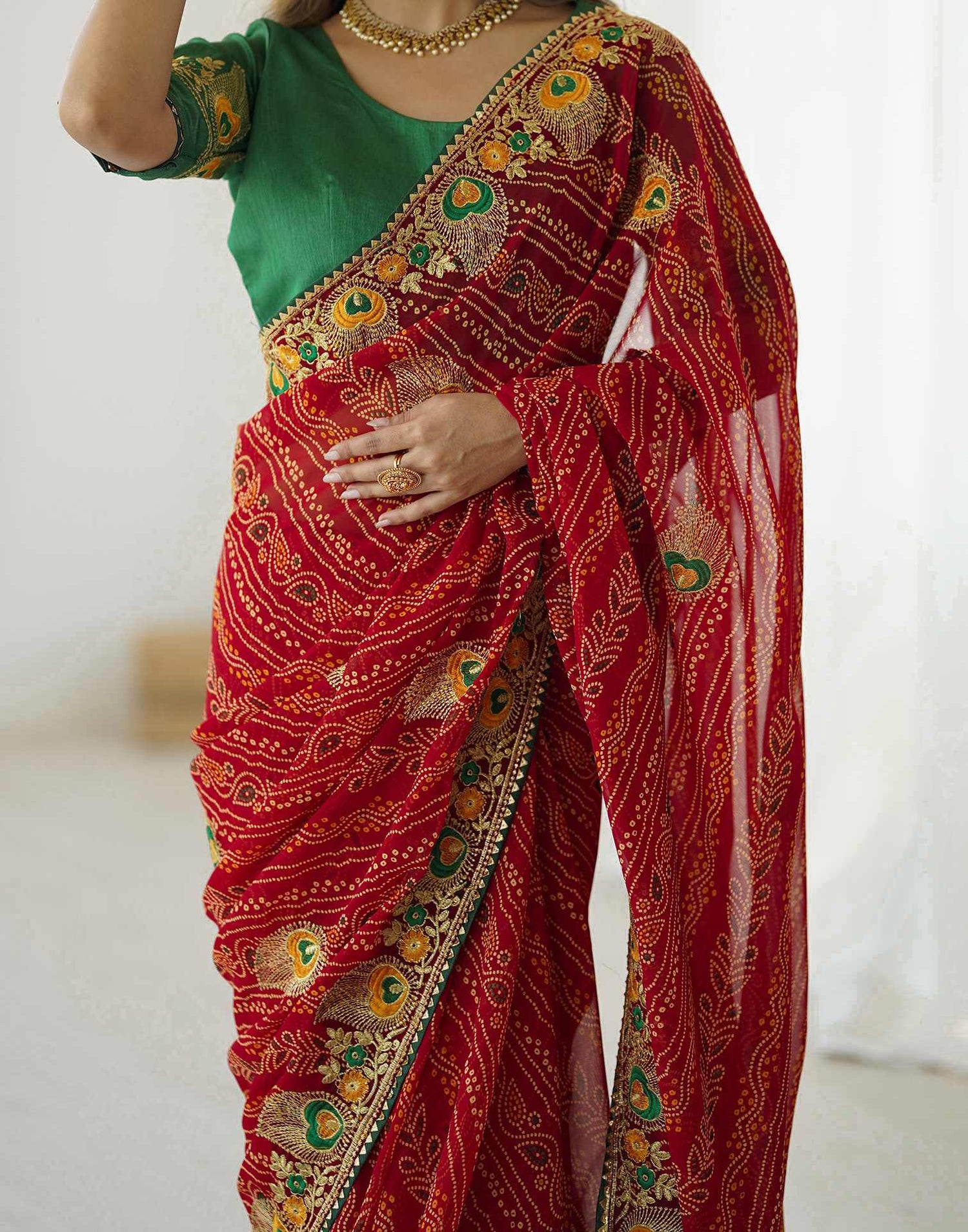 Red Georgette Lace Bandhani Saree