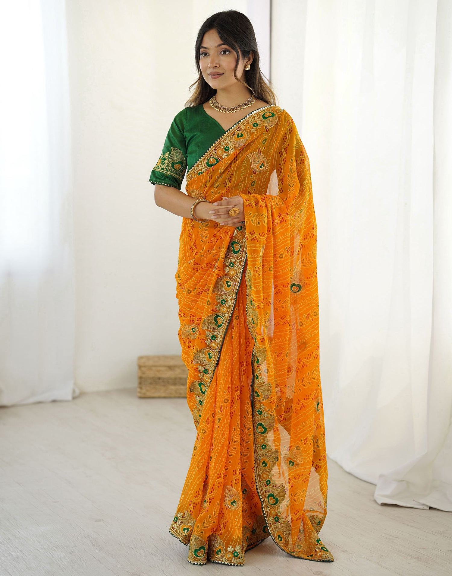 Yellow Georgette Lace Bandhani Saree