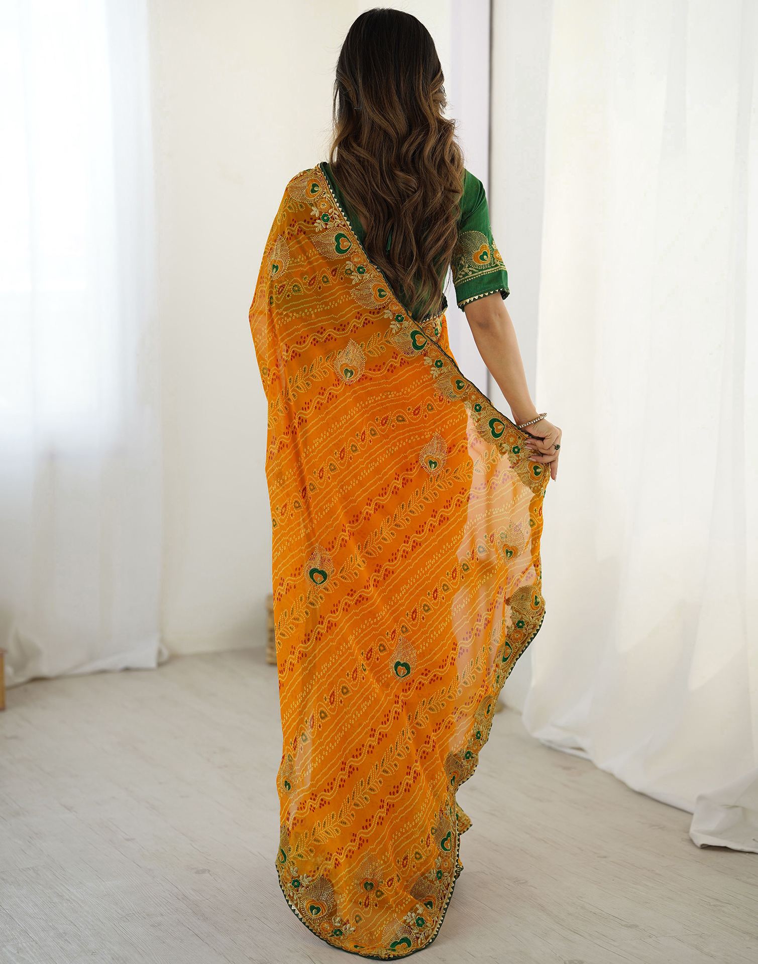 Yellow Georgette Lace Bandhani Saree
