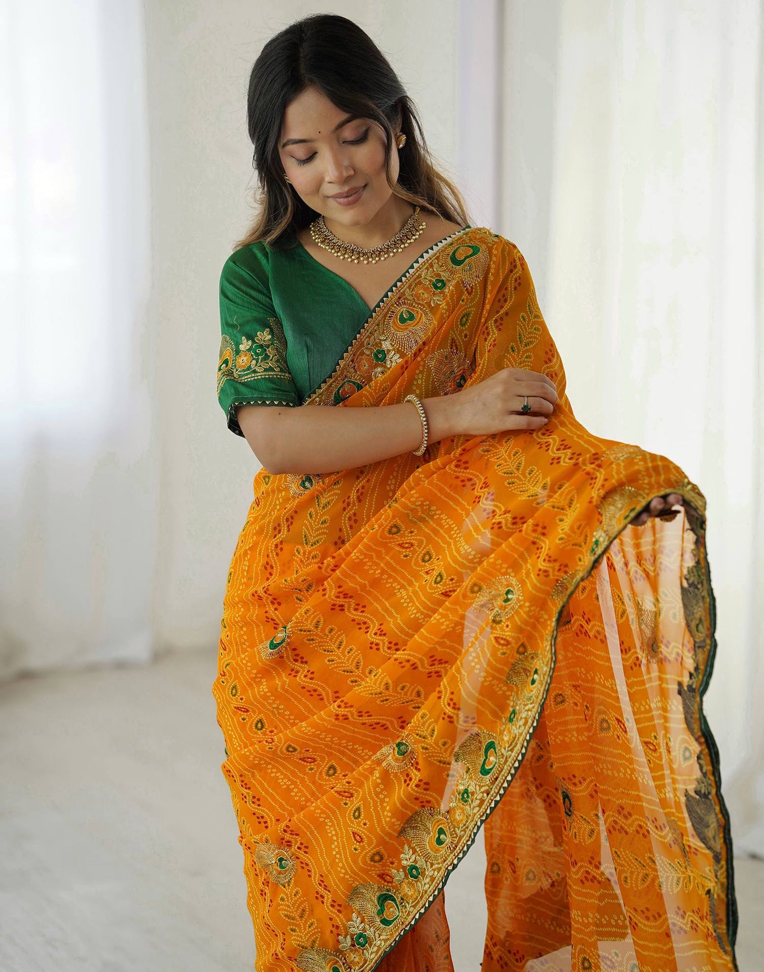 Yellow Georgette Lace Bandhani Saree