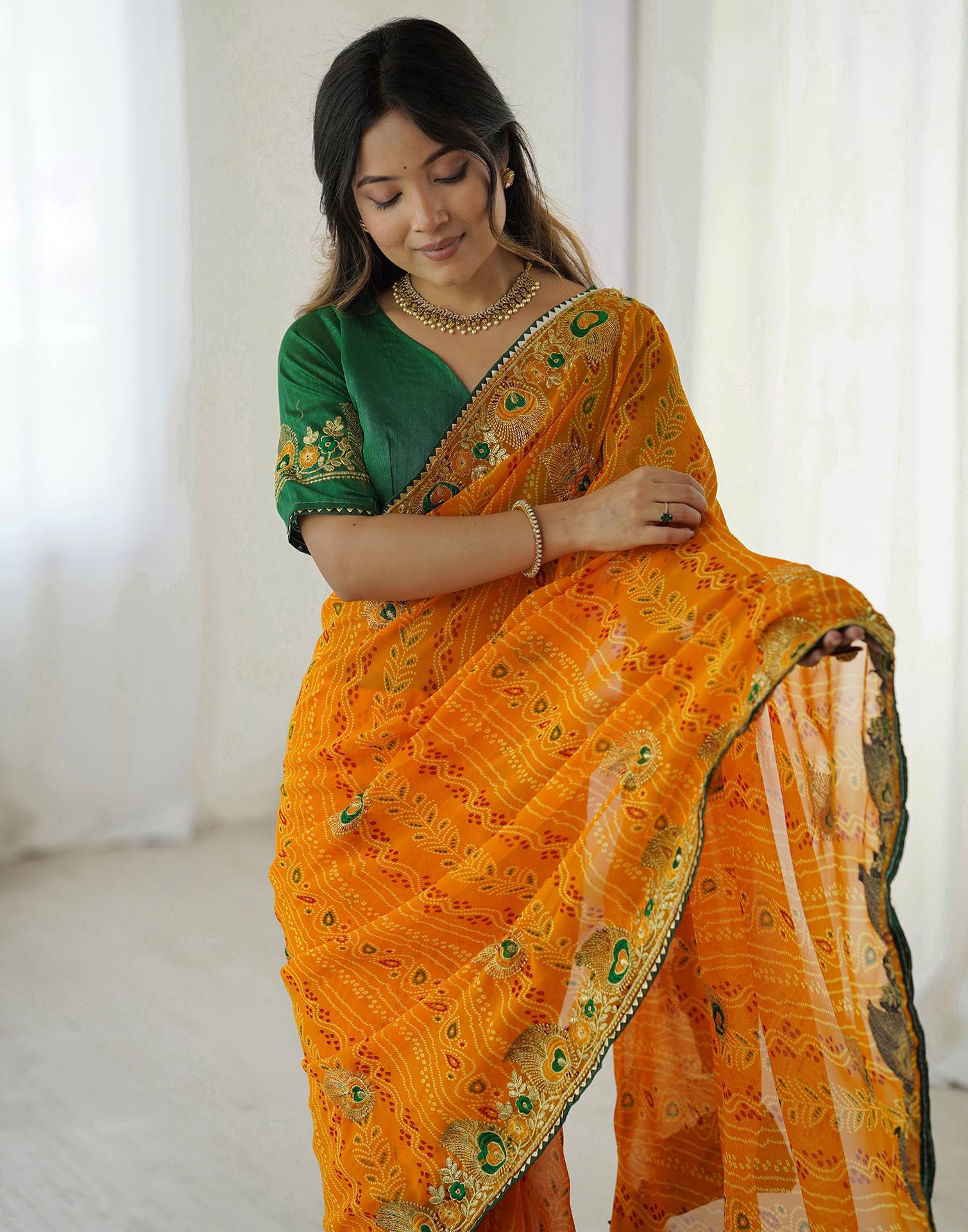 Yellow Georgette Lace Bandhani Saree