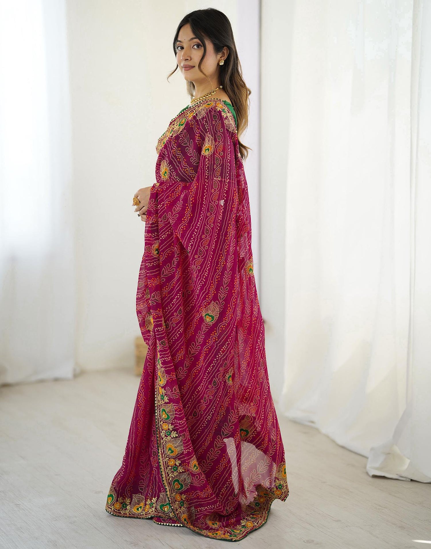 Pink Georgette Lace Bandhani Saree