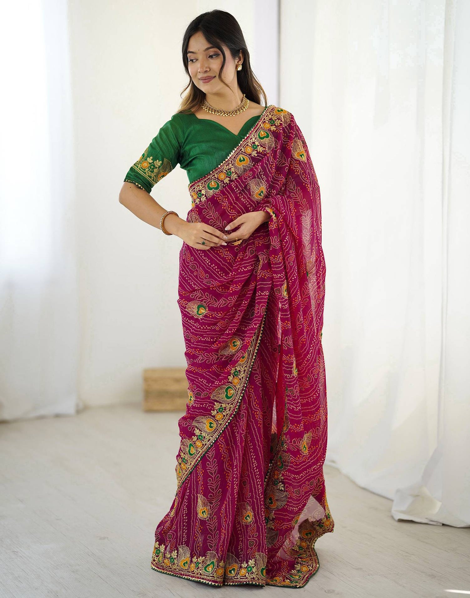 Pink Georgette Lace Bandhani Saree