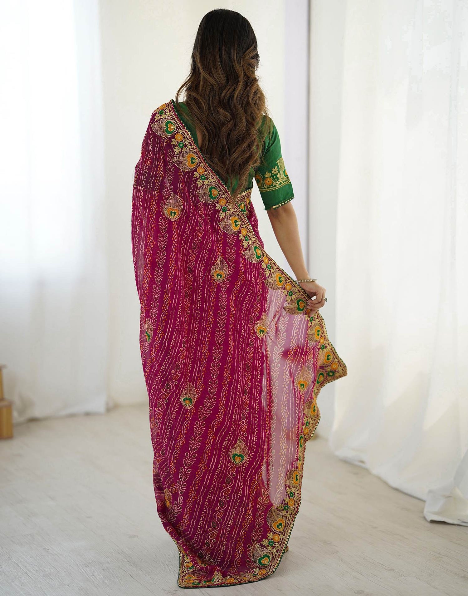 Pink Georgette Lace Bandhani Saree