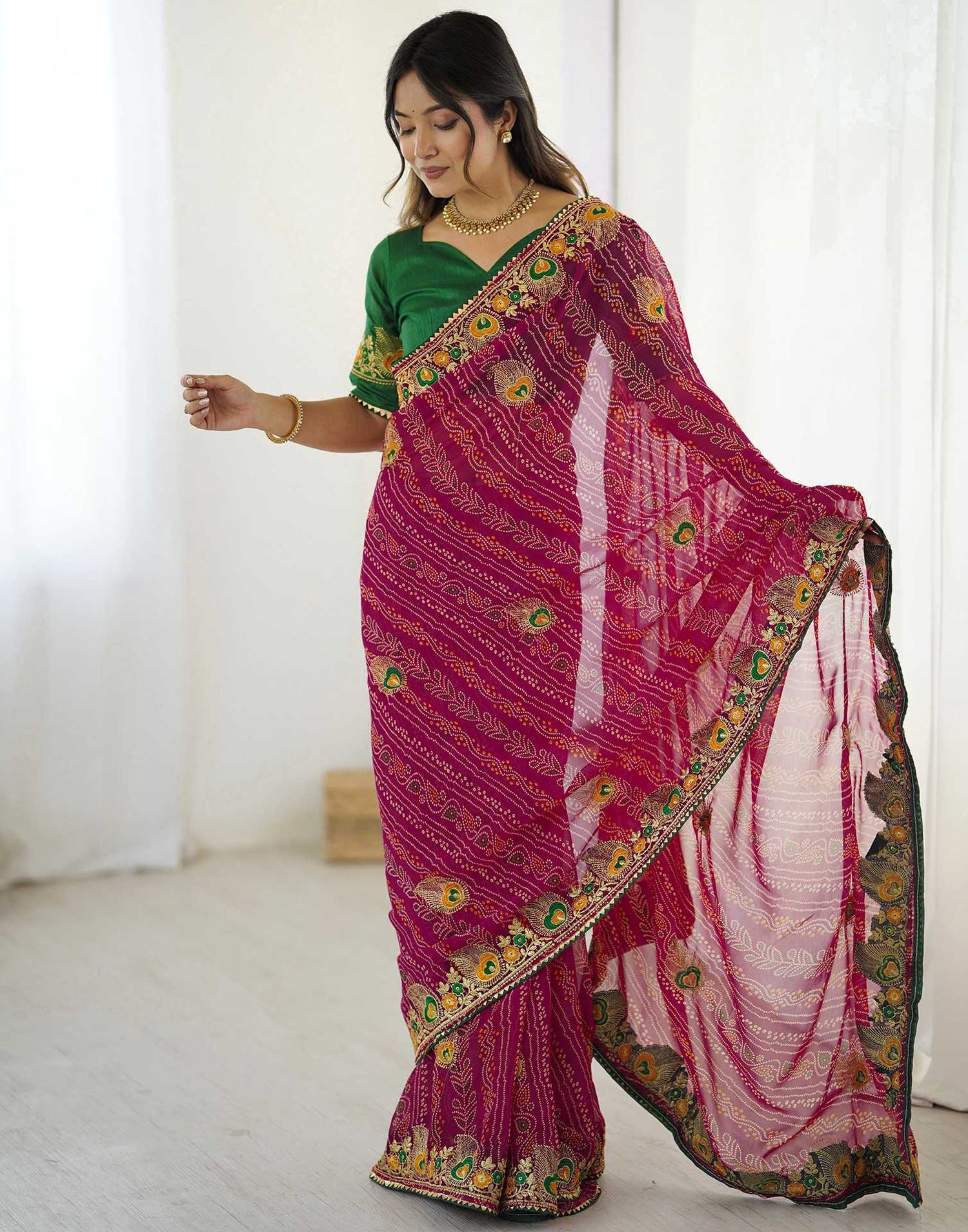 Pink Georgette Lace Bandhani Saree