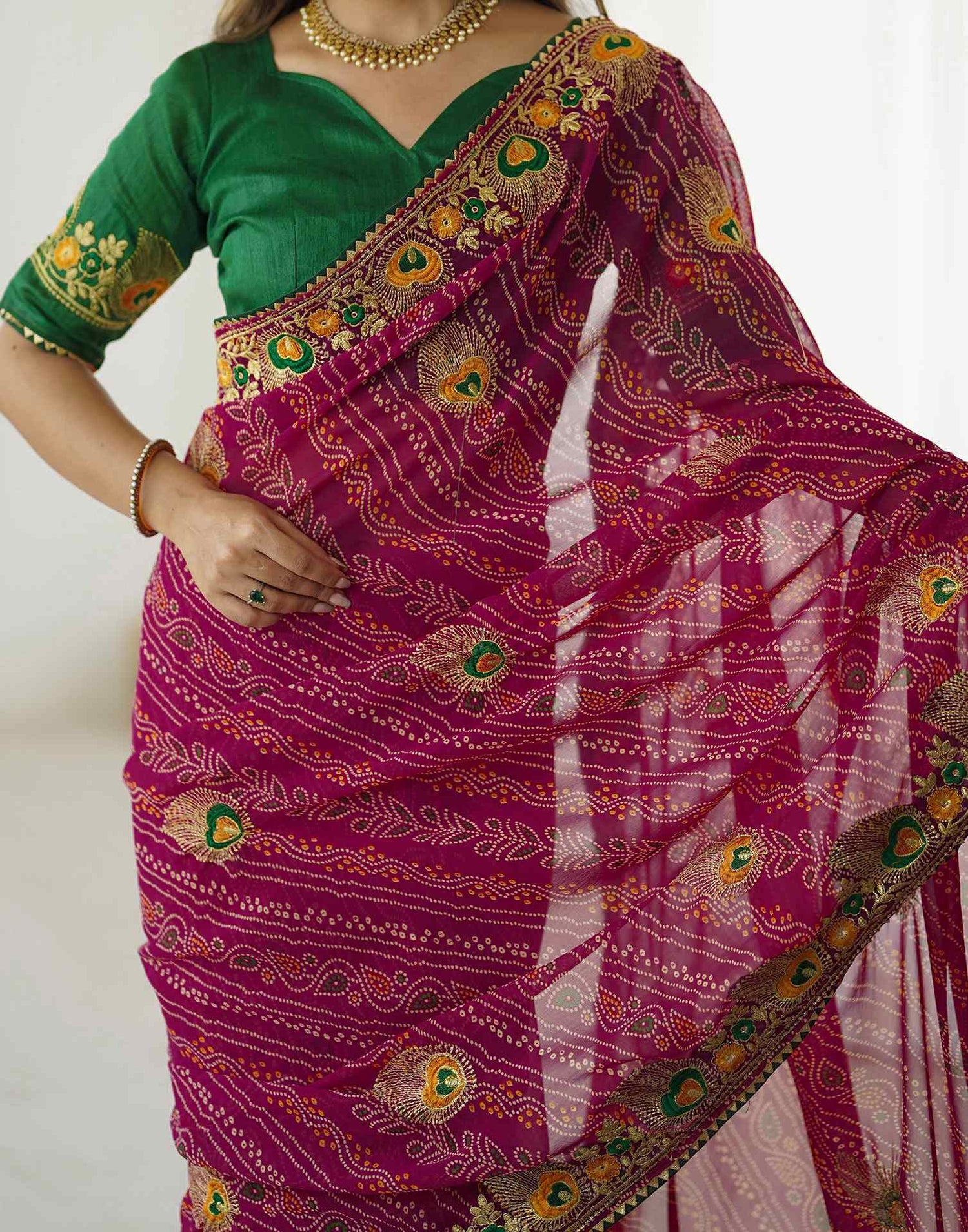 Pink Georgette Lace Bandhani Saree