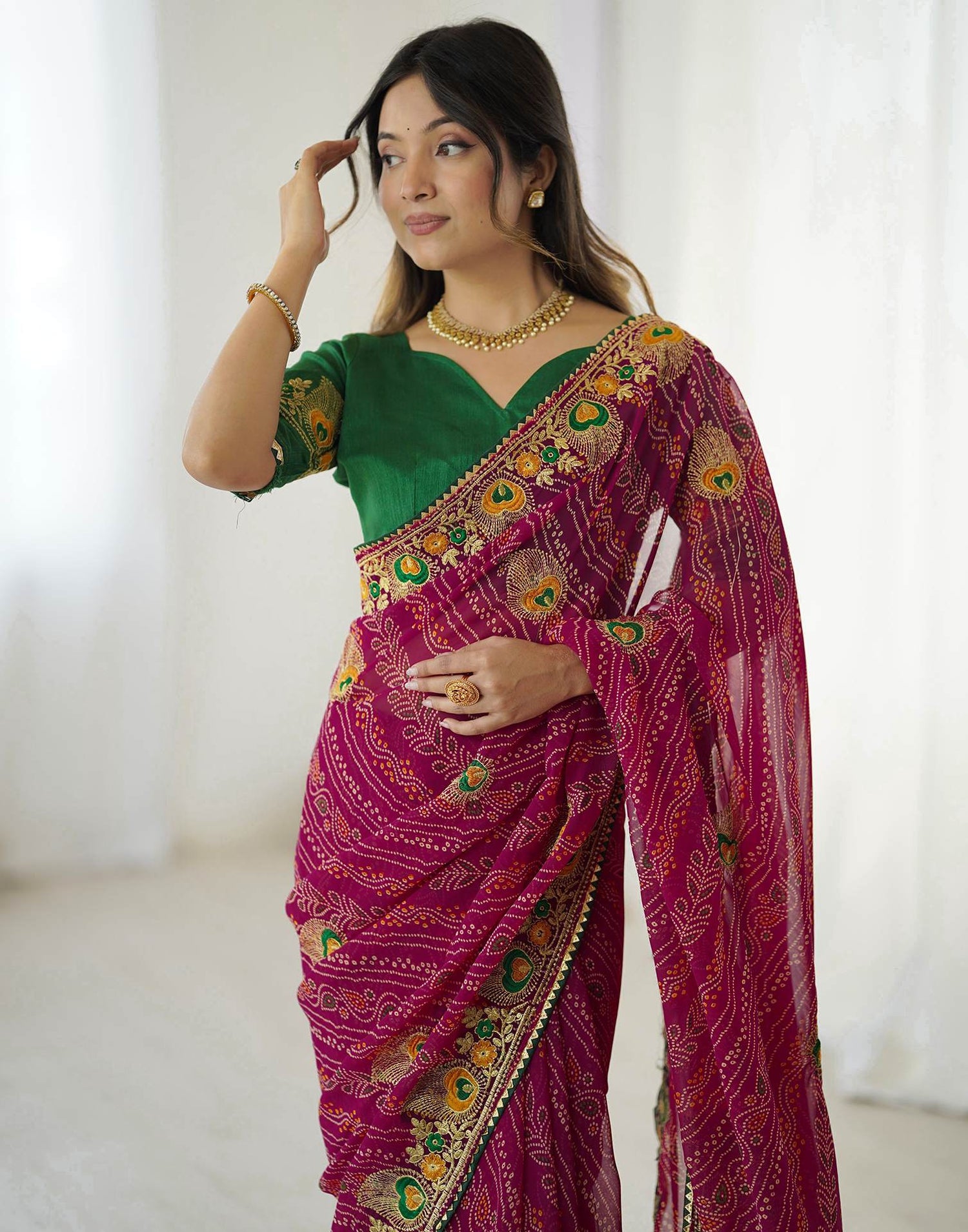 Pink Georgette Lace Bandhani Saree