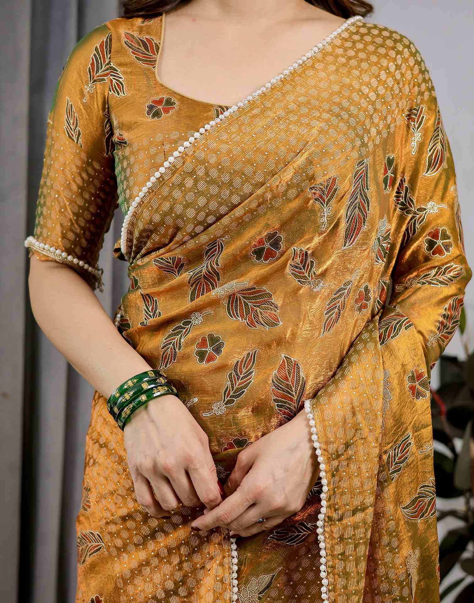 Mustard Yellow Shimmer Chiffon Foil Printed Saree