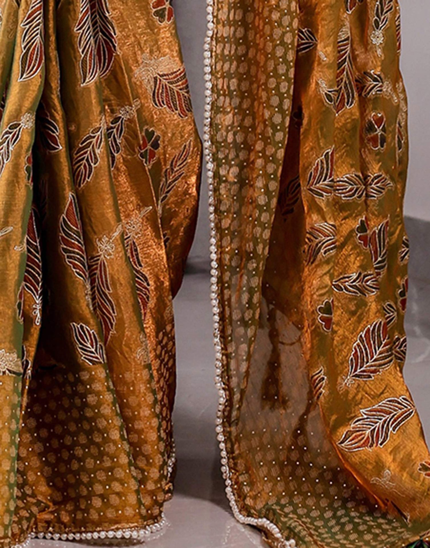 Mustard Yellow Shimmer Chiffon Foil Printed Saree