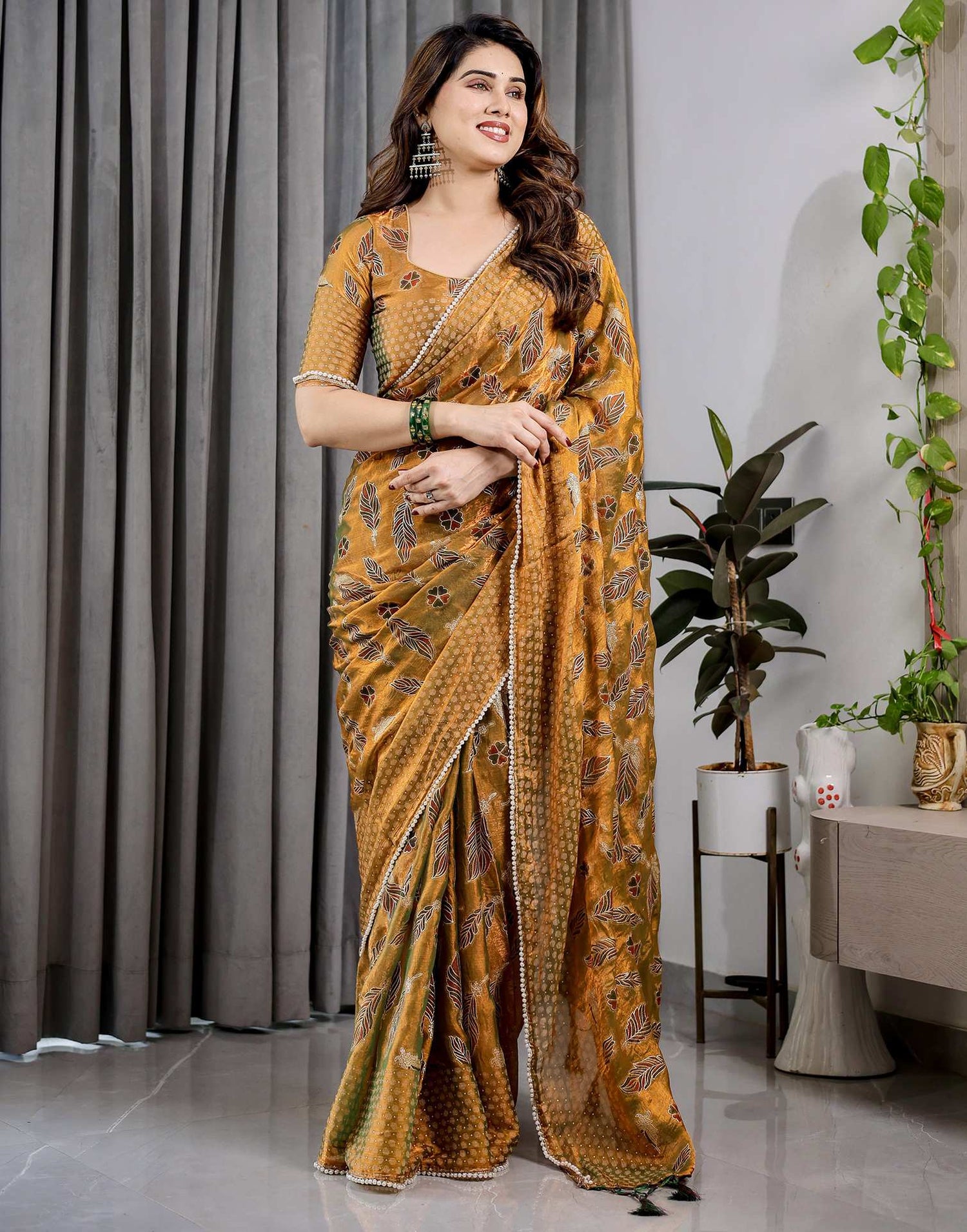 Mustard Yellow Shimmer Chiffon Foil Printed Saree