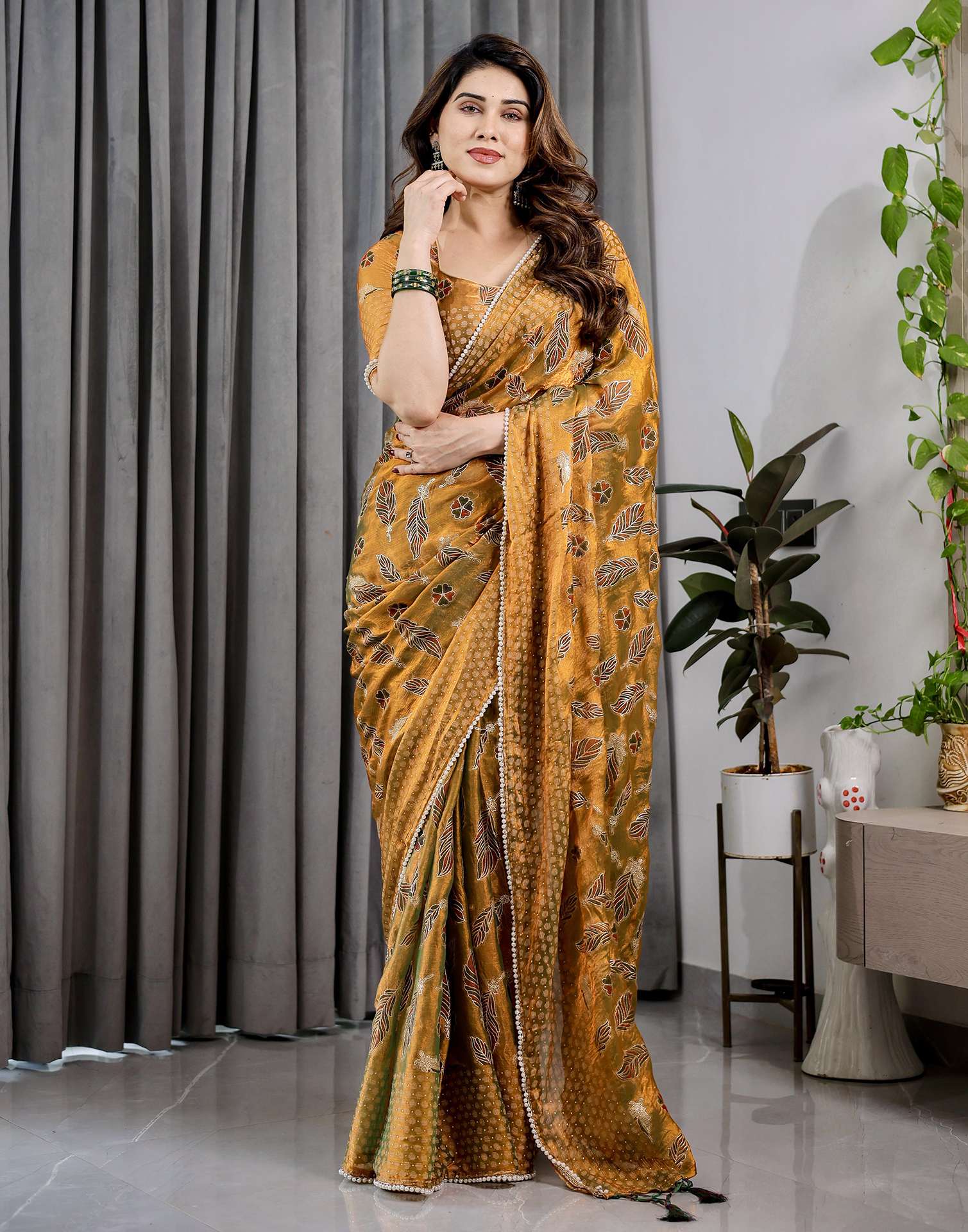 Mustard Yellow Shimmer Chiffon Foil Printed Saree