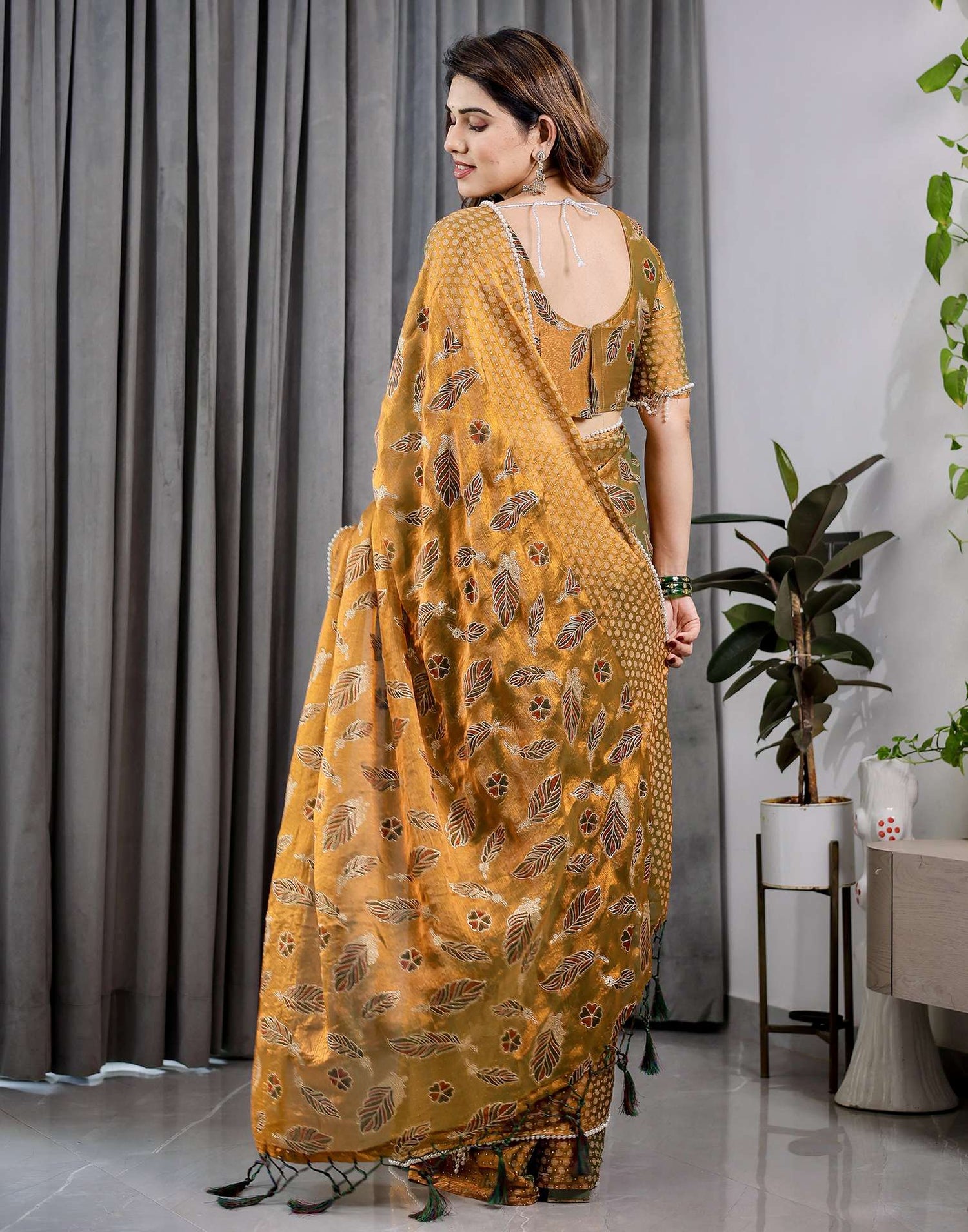 Mustard Yellow Shimmer Chiffon Foil Printed Saree