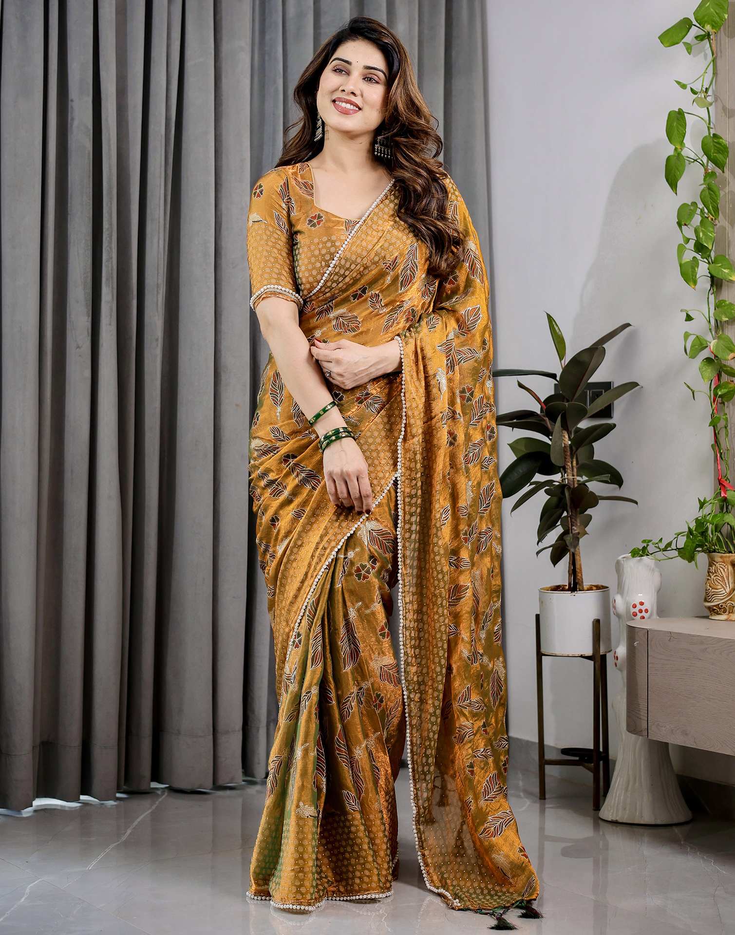 Mustard Yellow Shimmer Chiffon Foil Printed Saree