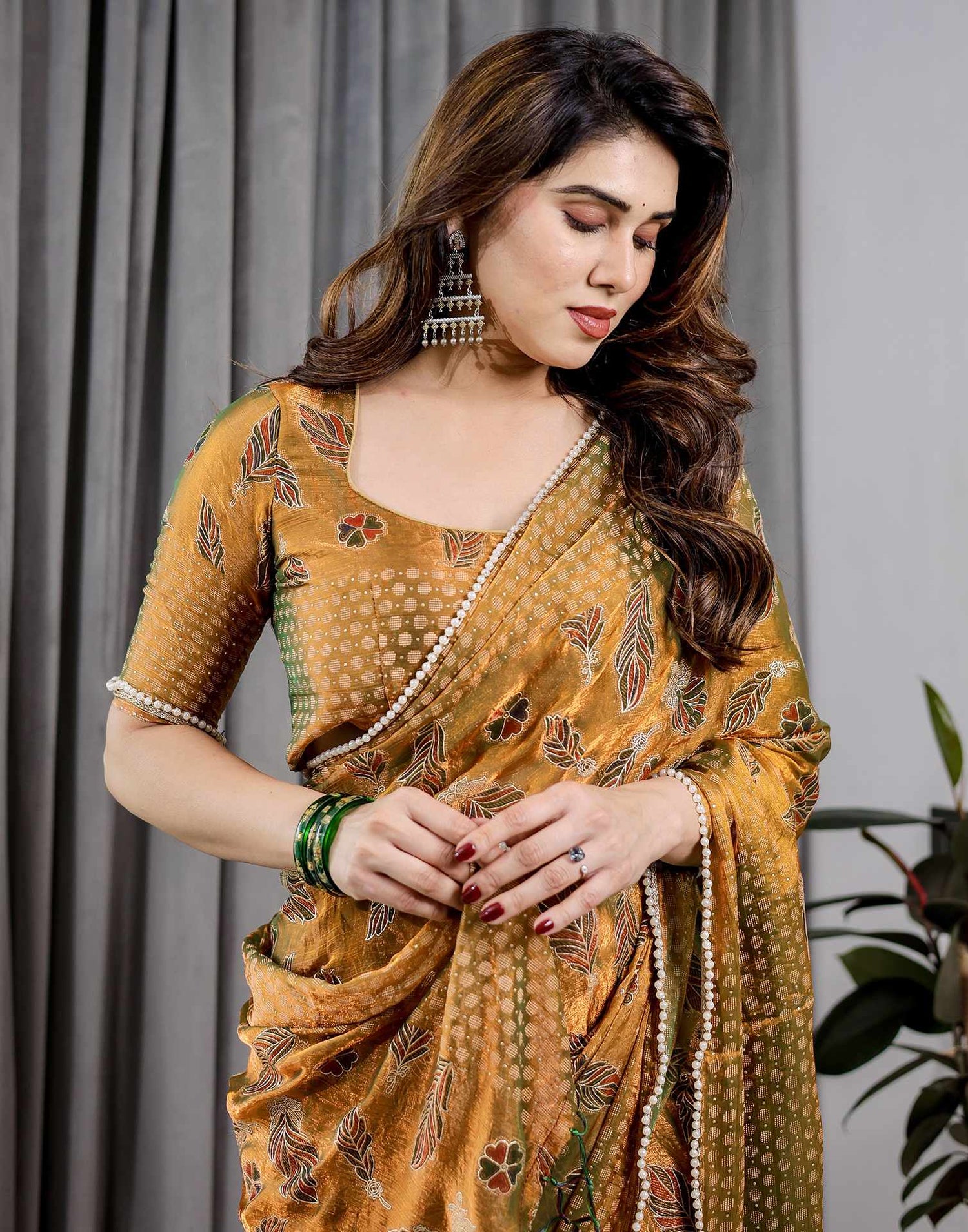 Mustard Yellow Shimmer Chiffon Foil Printed Saree