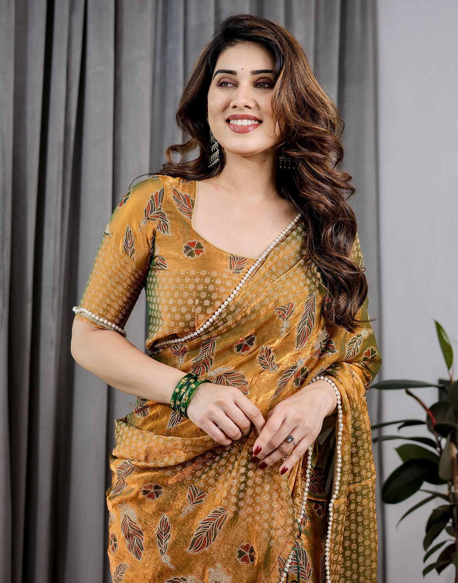 Mustard Yellow Shimmer Chiffon Foil Printed Saree