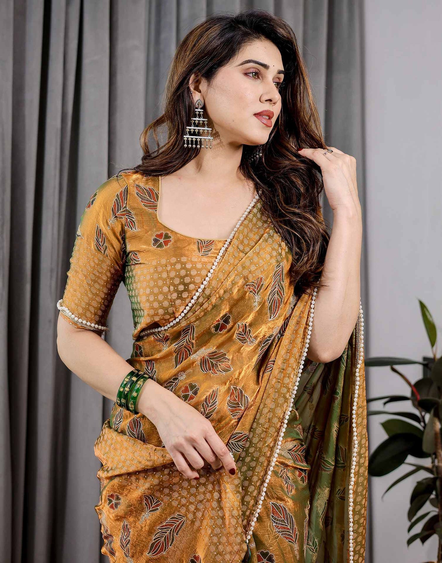 Mustard Yellow Shimmer Chiffon Foil Printed Saree