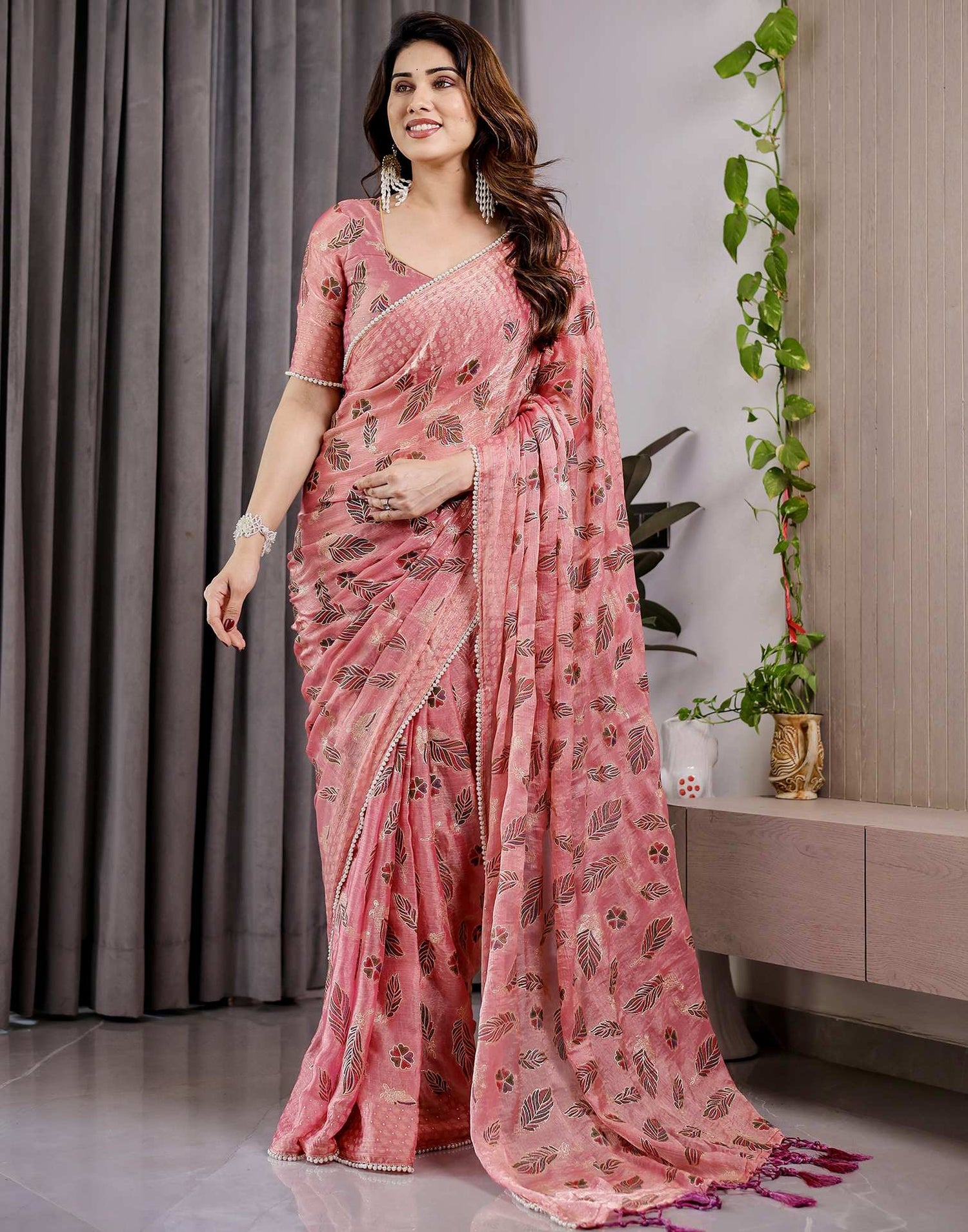 Blush Pink Shimmer Chiffon Foil Printed Saree