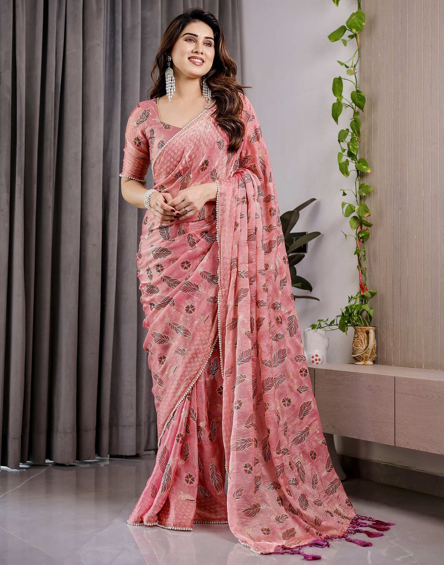 Blush Pink Shimmer Chiffon Foil Printed Saree