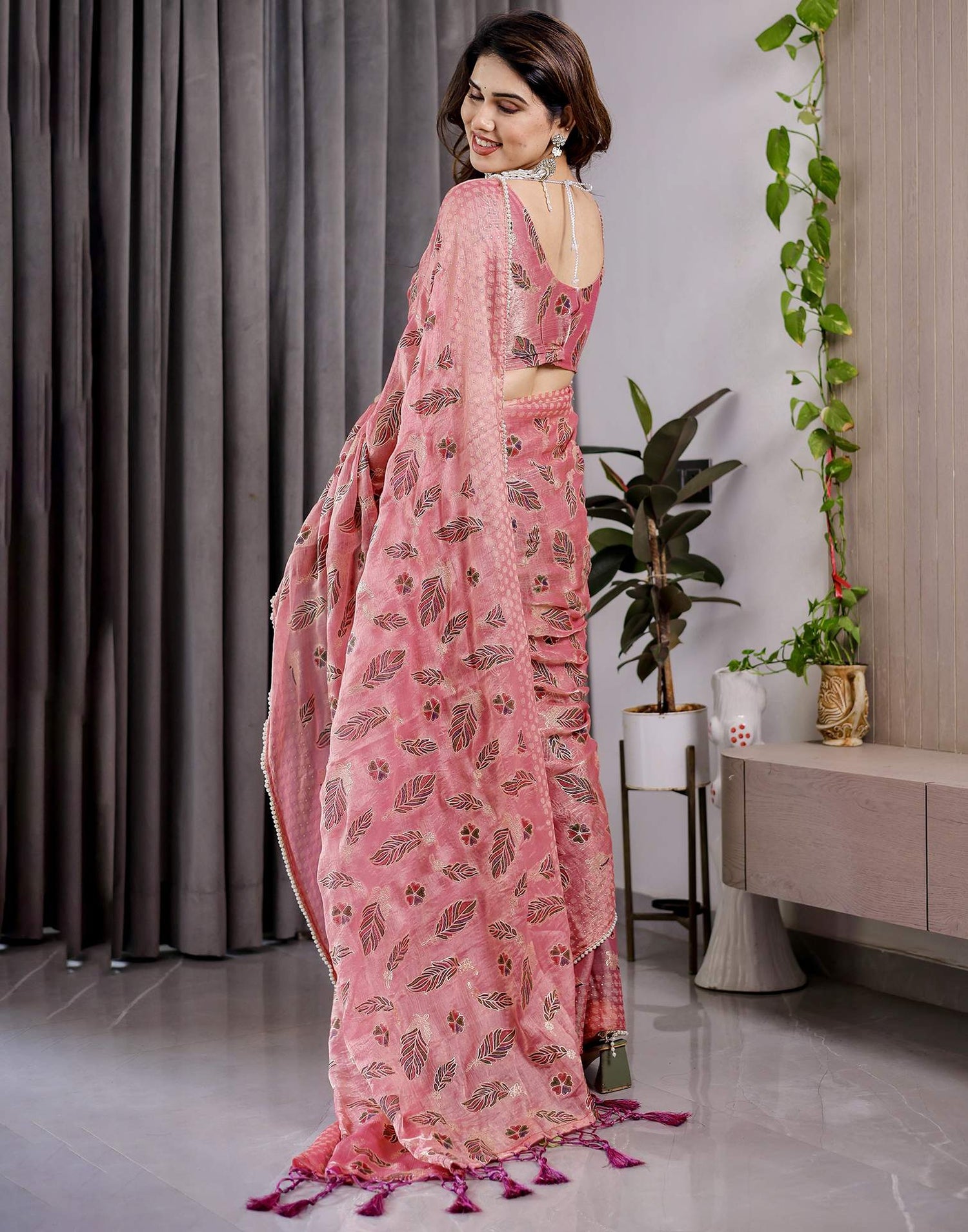 Blush Pink Shimmer Chiffon Foil Printed Saree