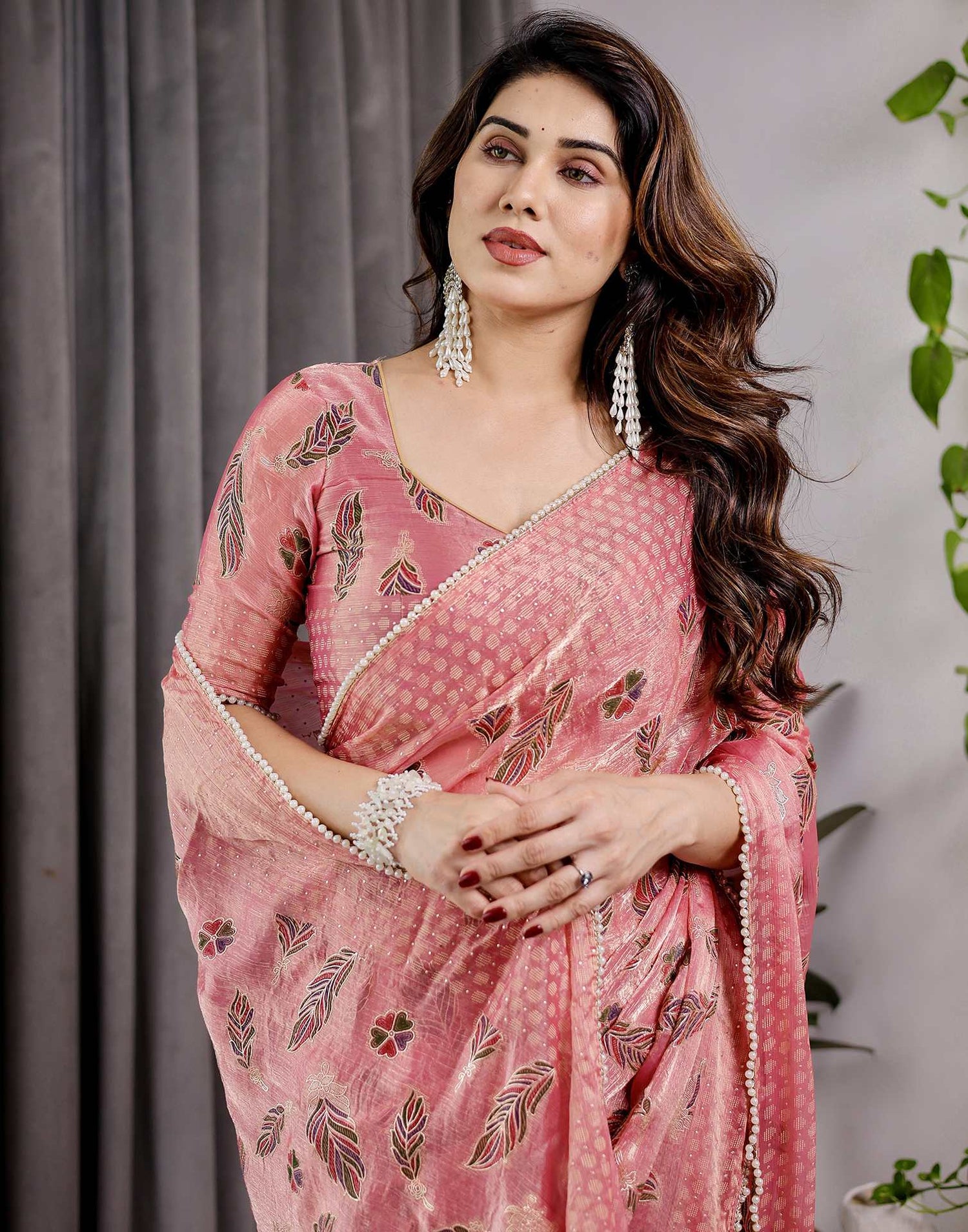Blush Pink Shimmer Chiffon Foil Printed Saree