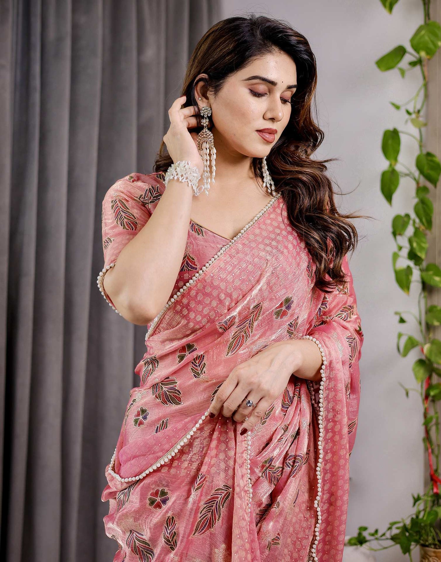 Blush Pink Shimmer Chiffon Foil Printed Saree