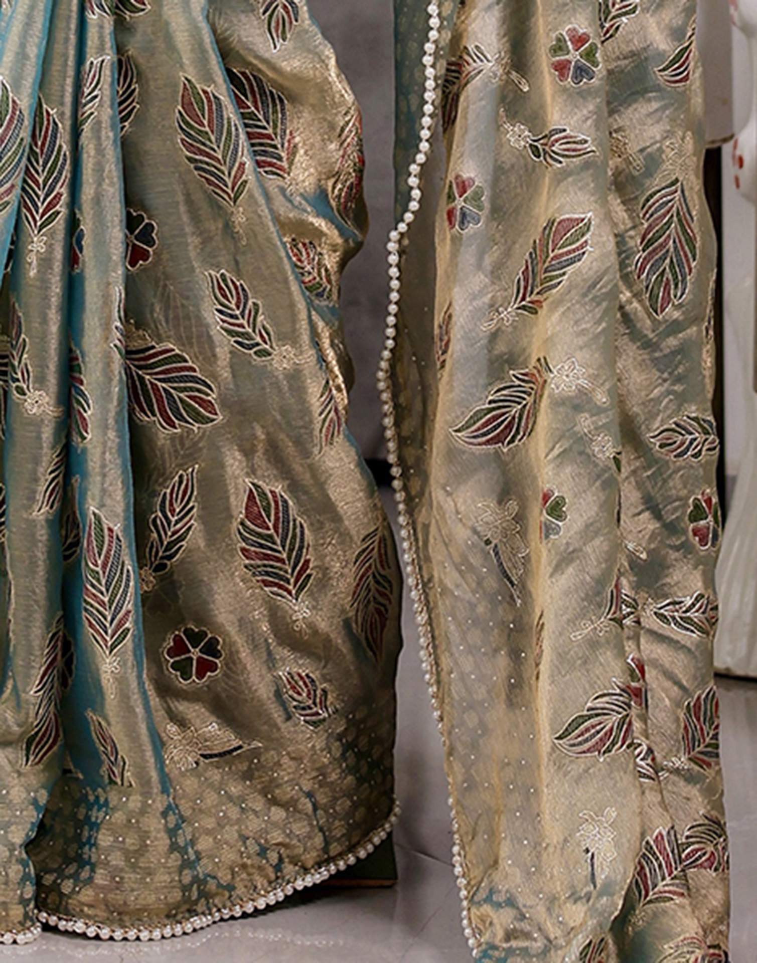 Pastel Green Shimmer Chiffon Foil Printed Saree