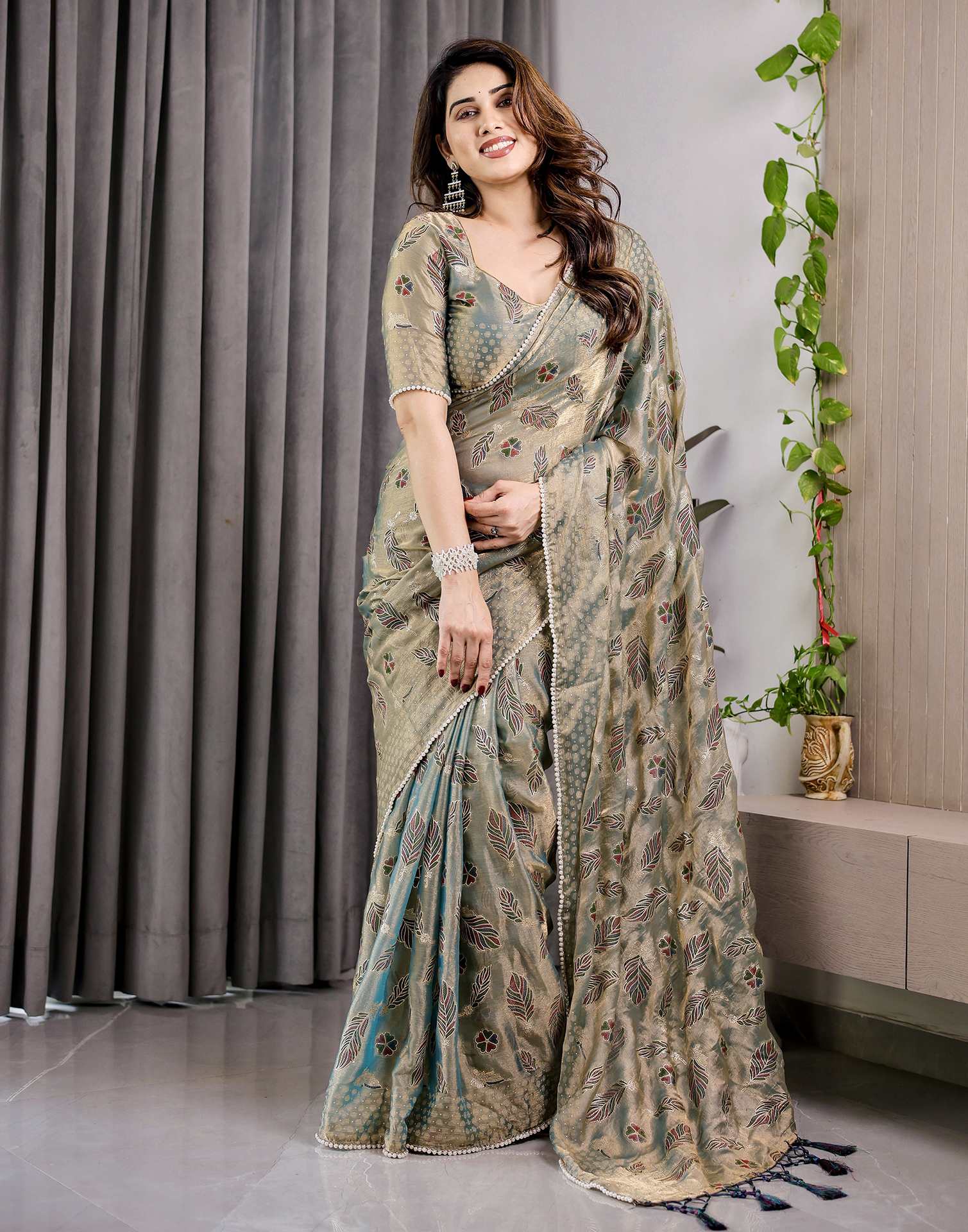 Pastel Green Shimmer Chiffon Foil Printed Saree