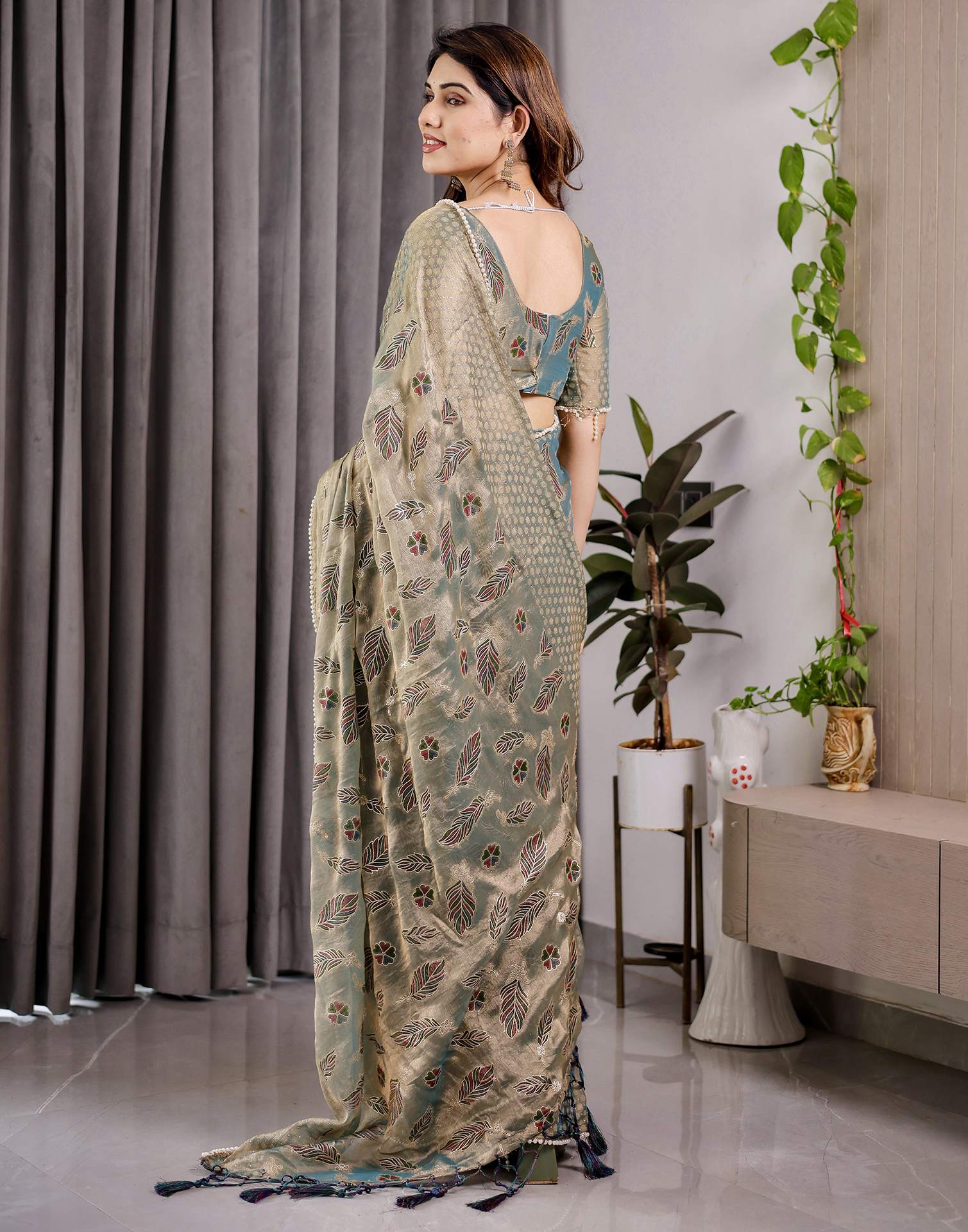 Pastel Green Shimmer Chiffon Foil Printed Saree