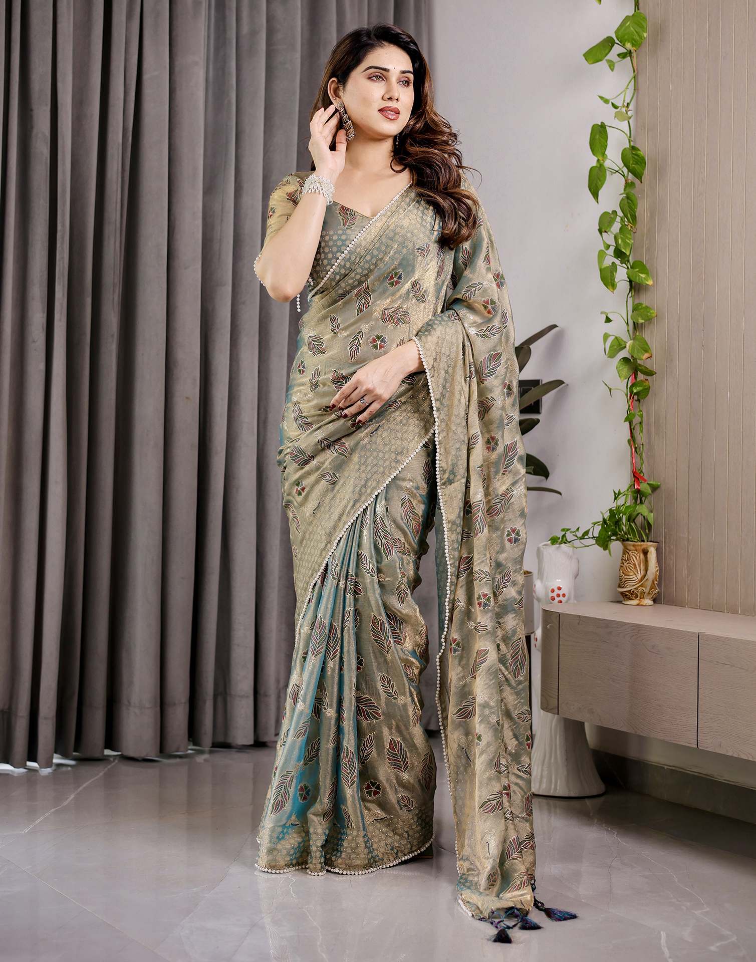 Pastel Green Shimmer Chiffon Foil Printed Saree
