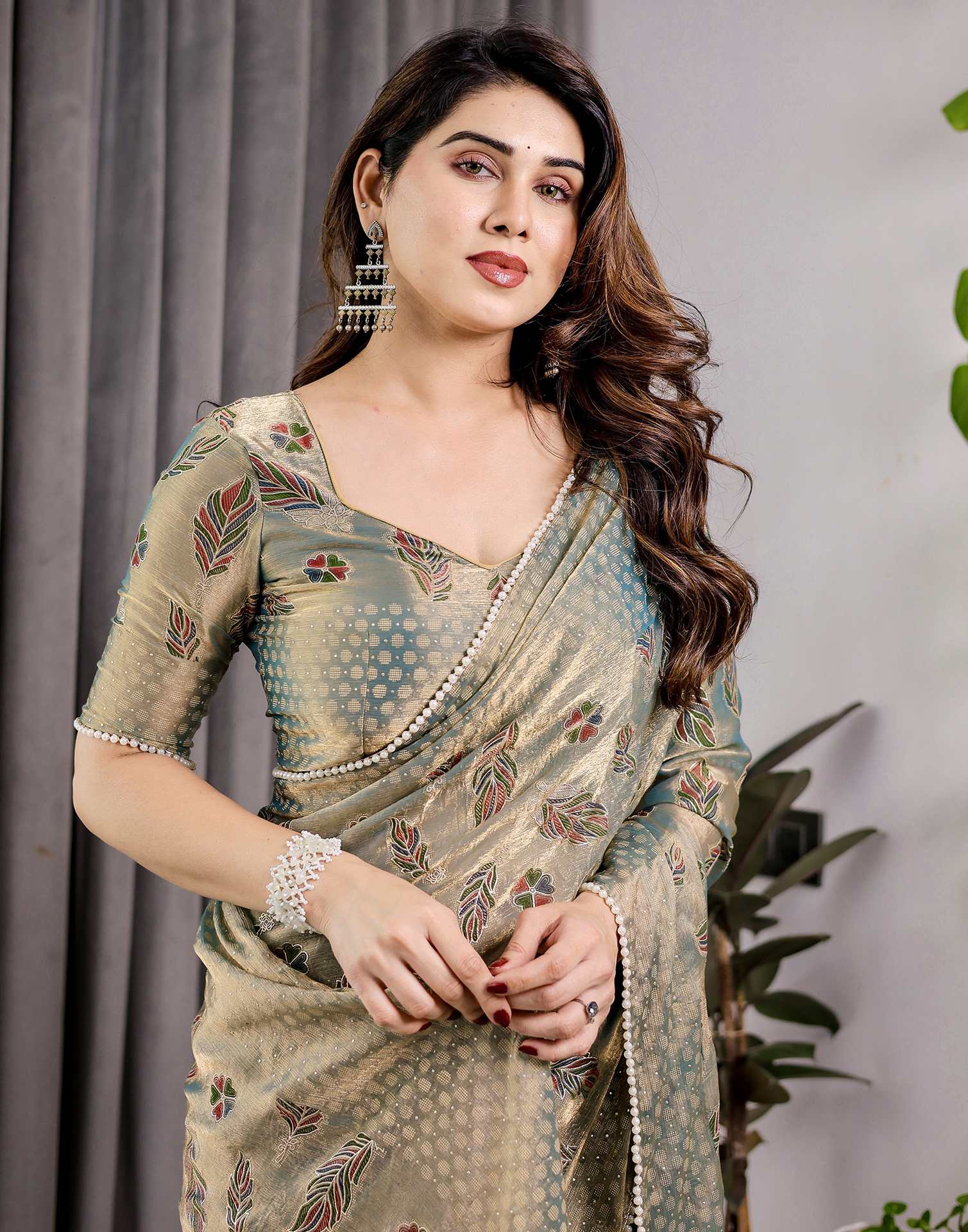 Pastel Green Shimmer Chiffon Foil Printed Saree