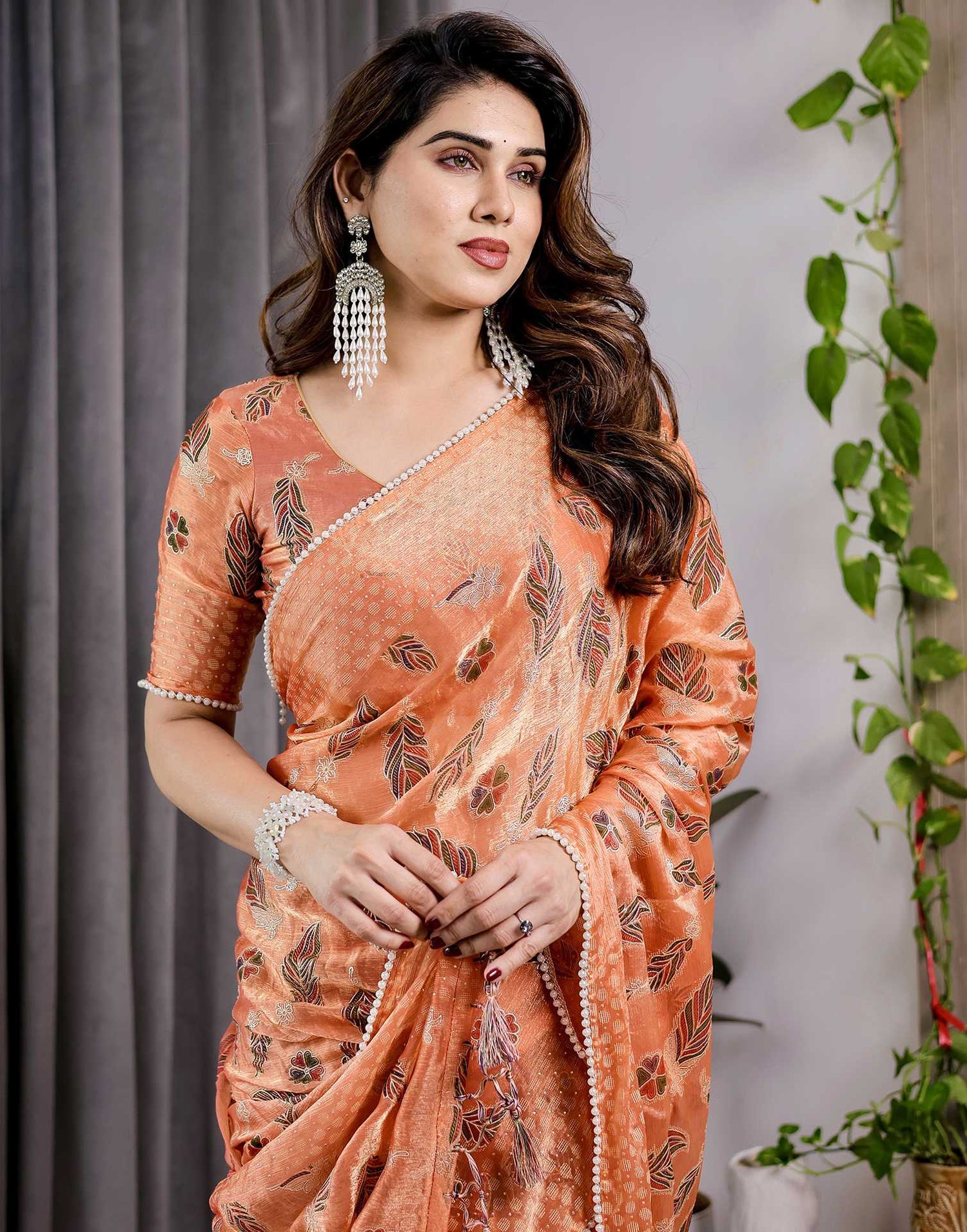 Orange Shimmer Chiffon Foil Printed Saree